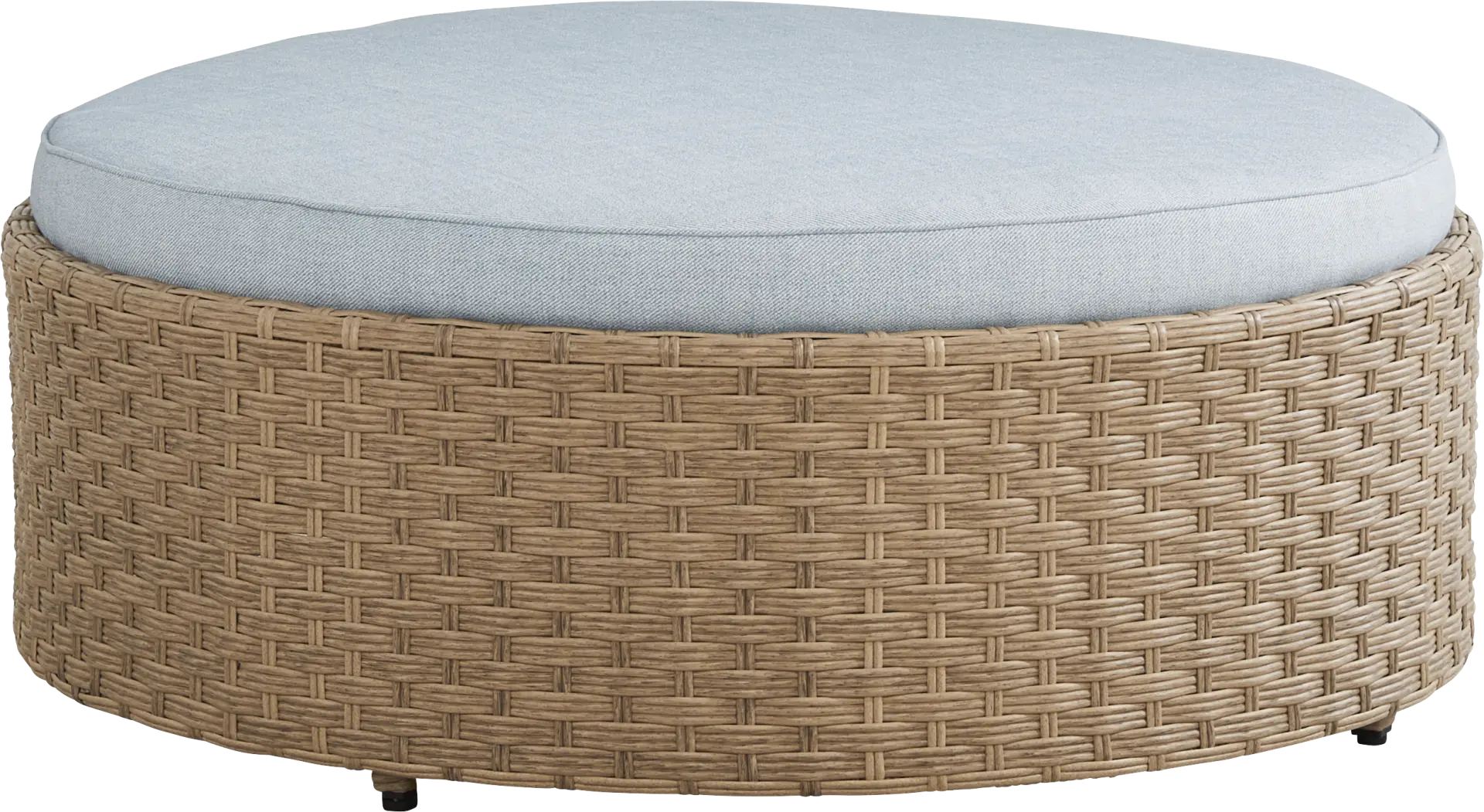 Rialto II Natural Round Outdoor Ottoman with Sky Cushion