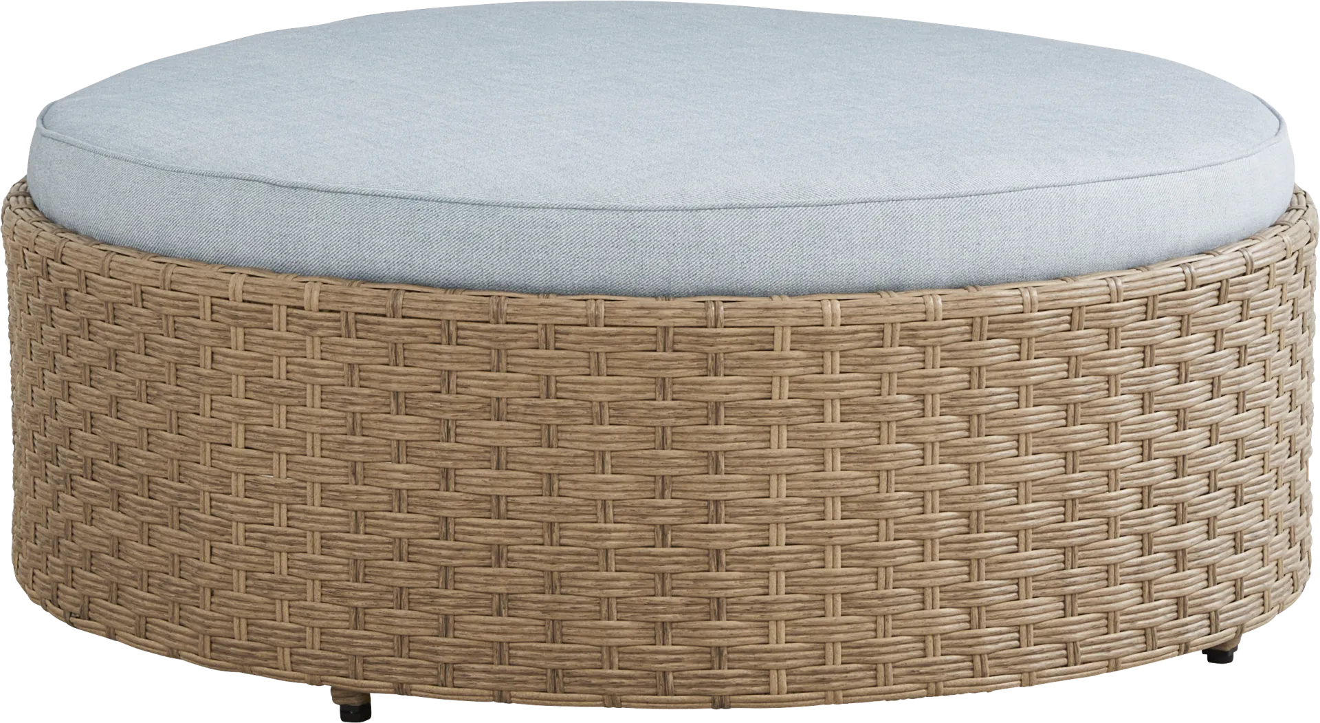 Rialto II Natural Round Outdoor Ottoman with Sky Cushion - Image 1