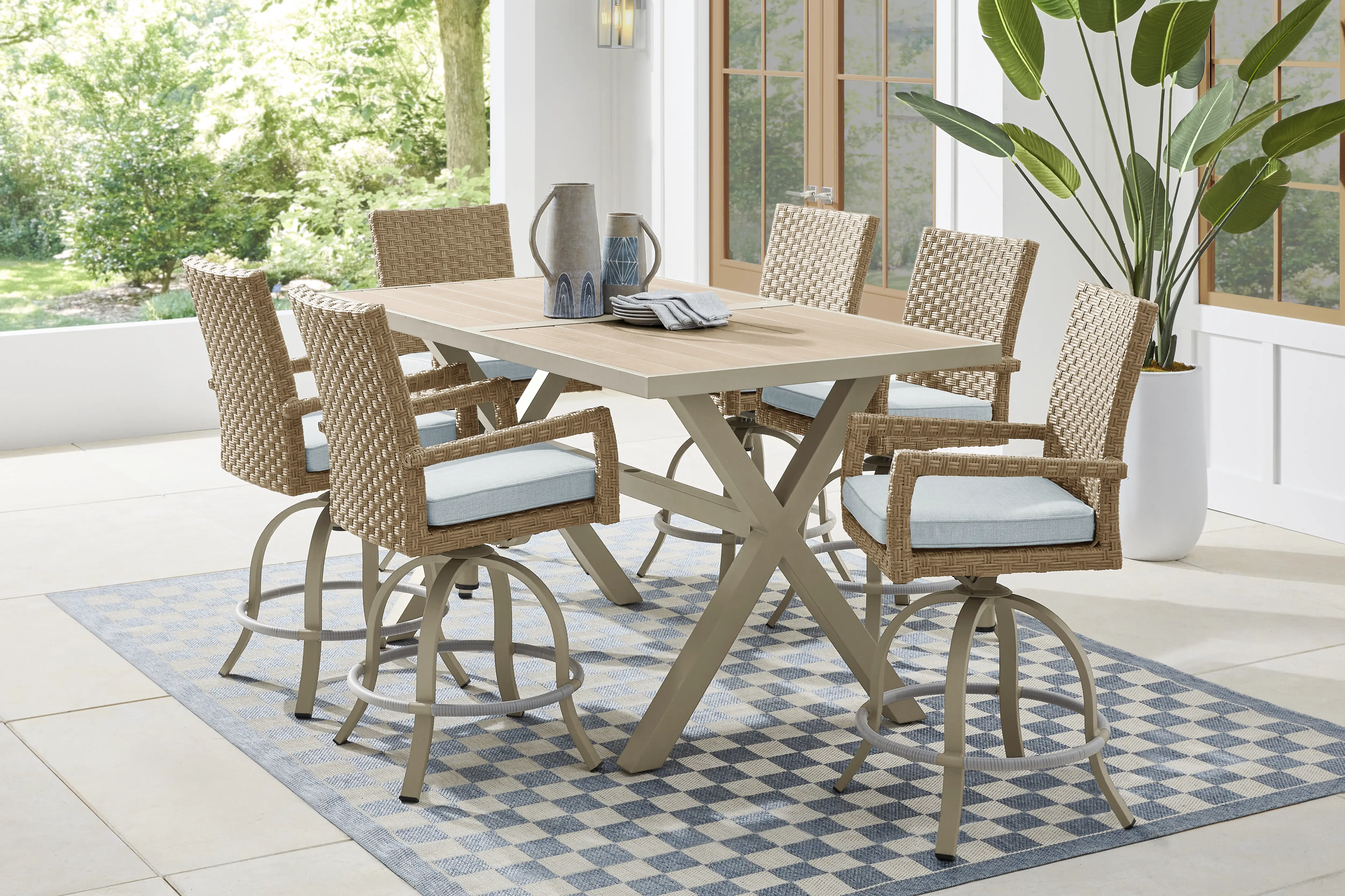 Rialto II Natural 7 Pc 71 in. Bar Height Outdoor Dining Set with Sky Cushions - Thumbnail - Image 1