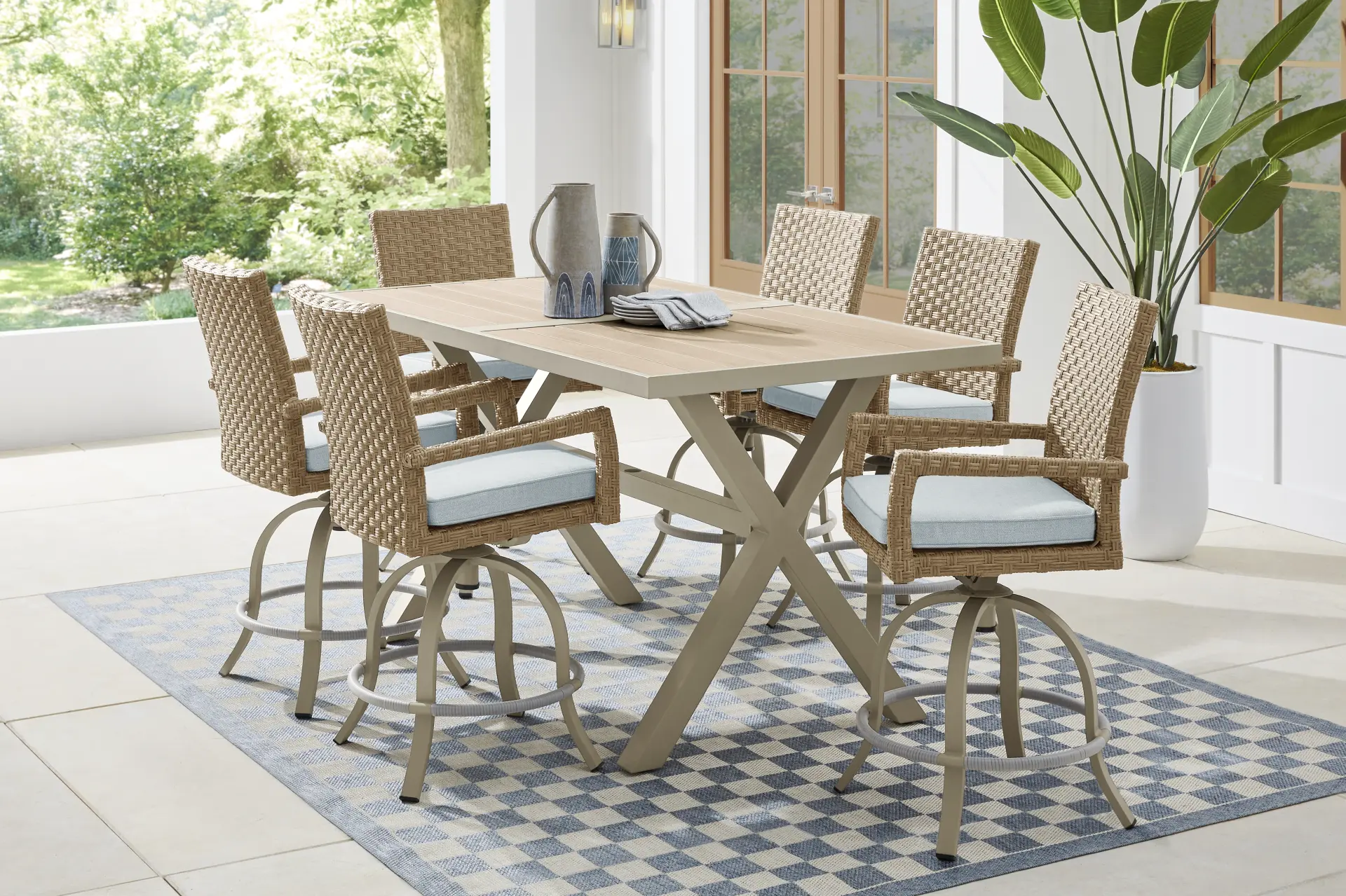Rialto II Natural 7 Pc 71 in. Bar Height Outdoor Dining Set with Sky Cushions