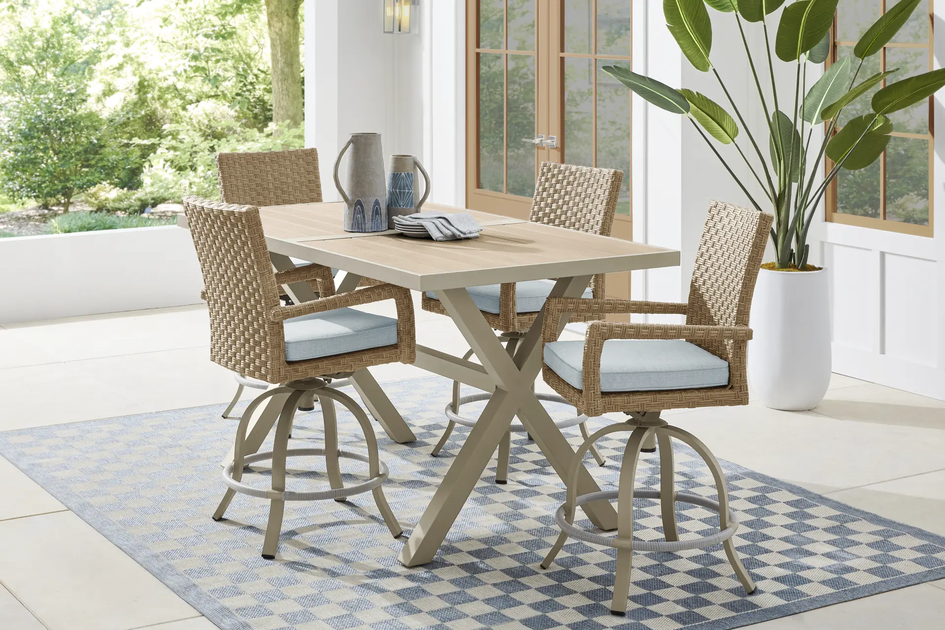 Rialto II Natural 5 Pc 71 in. Bar Height Outdoor Dining Set with Sky Cushions