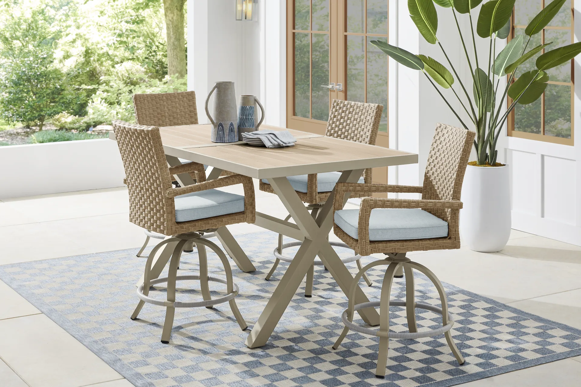 Rialto II Natural 5 Pc 71 in. Bar Height Outdoor Dining Set with Sky Cushions - Image 1