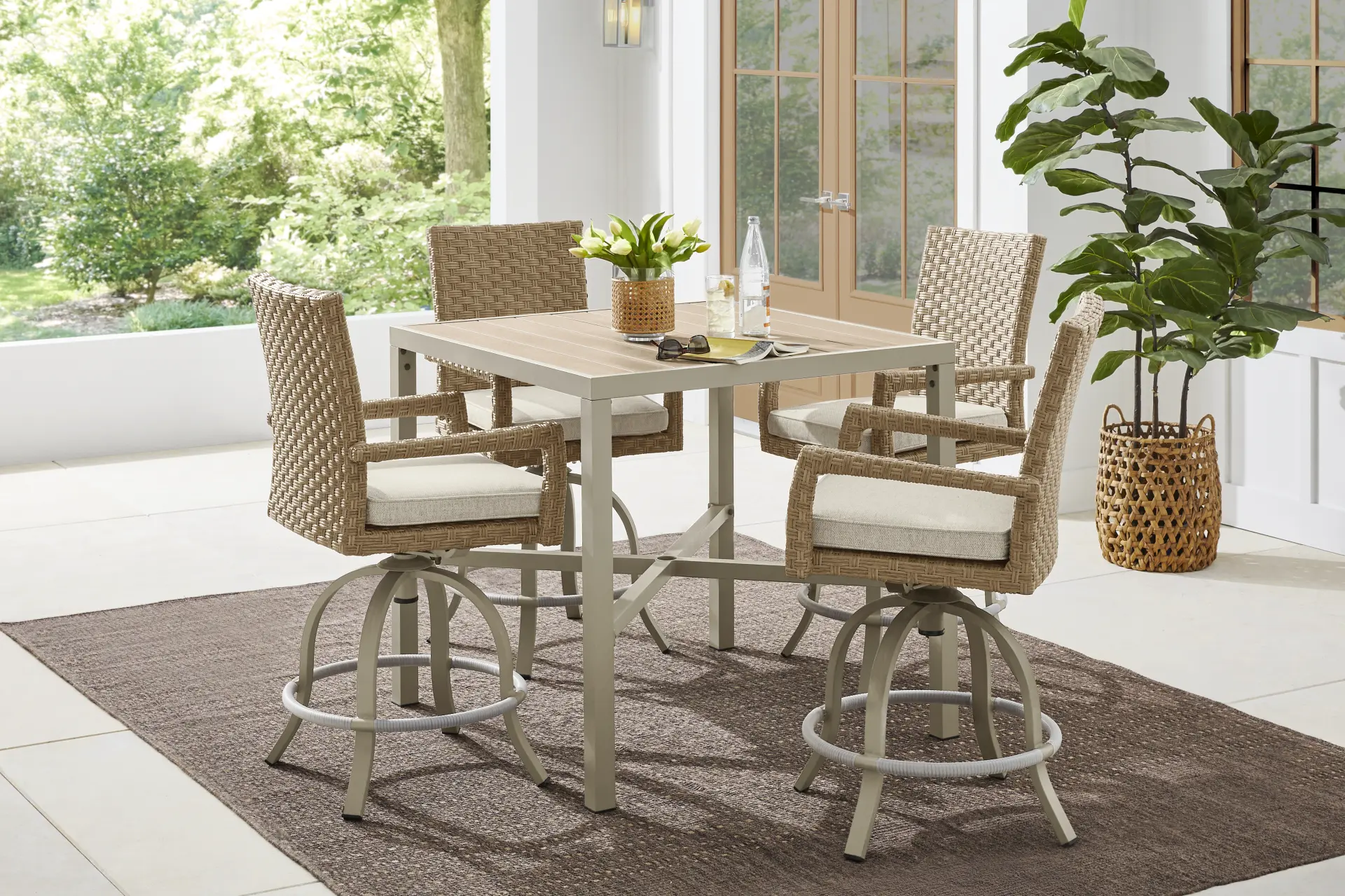 Rialto II Natural 5 Pc 40 in. Square Bar Height Outdoor Dining Set with Sand Cushions