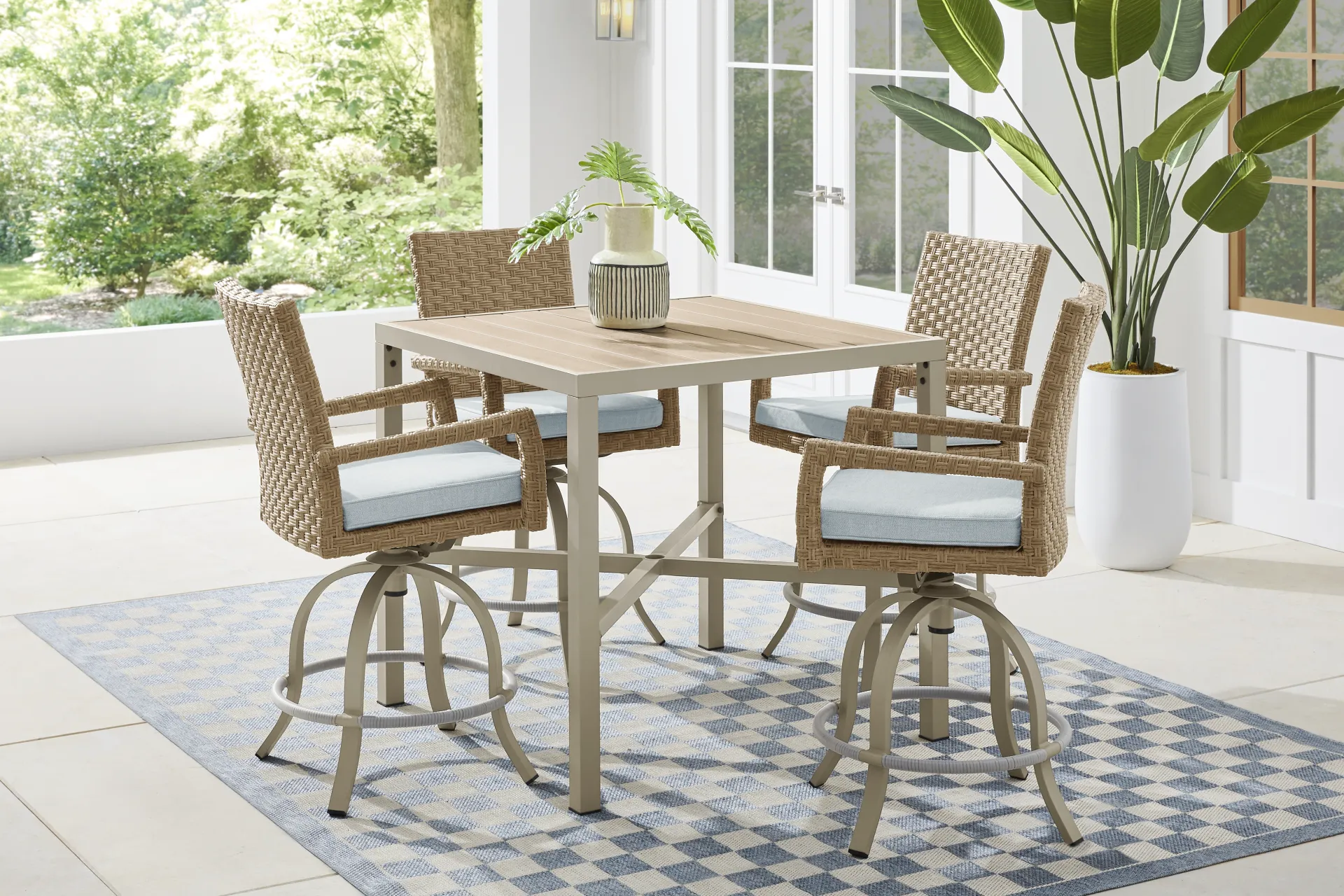 Rialto II Natural 5 Pc 40 in. Square Bar Height Outdoor Dining Set with Sky Cushions - Image 1