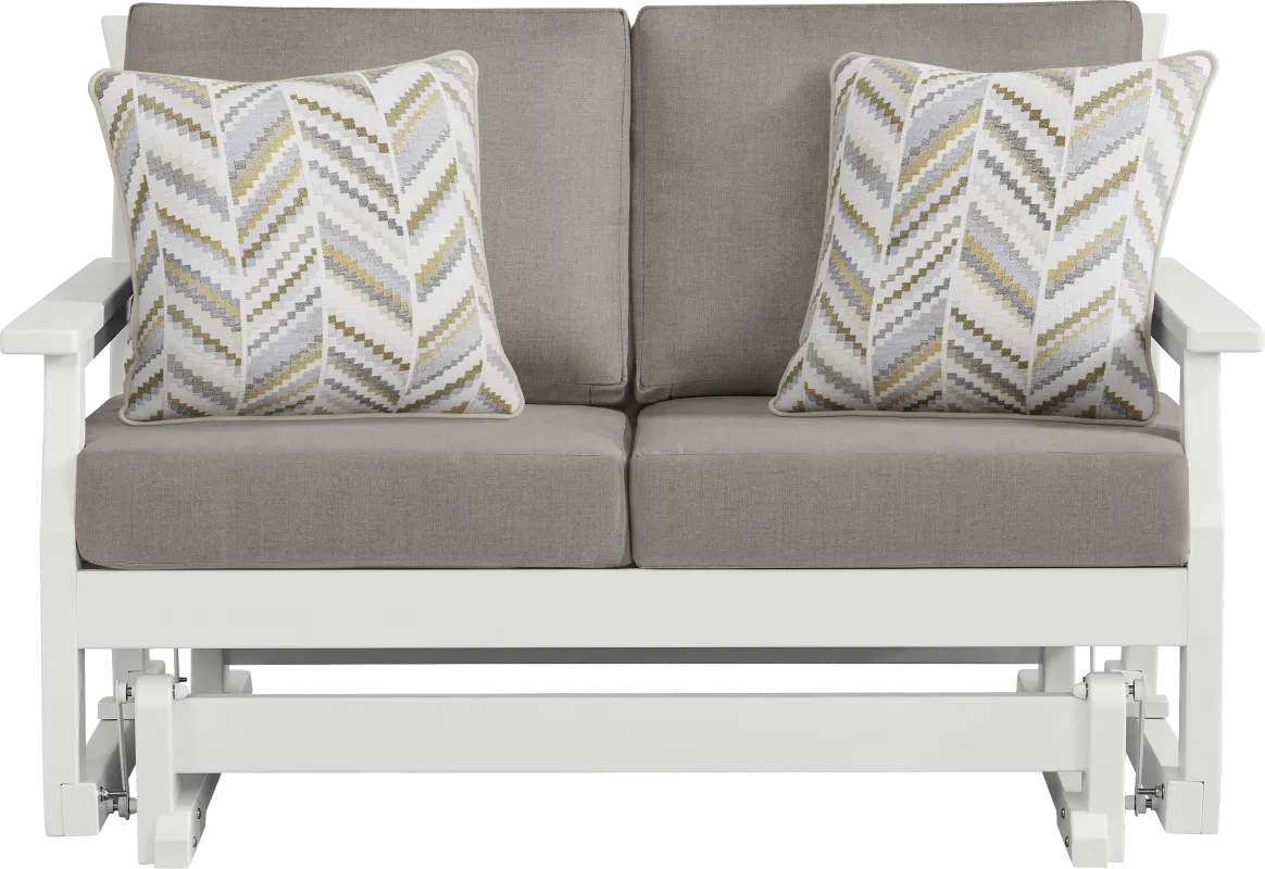 Eastlake White Outdoor Glider Loveseat with Mushroom Cushions
