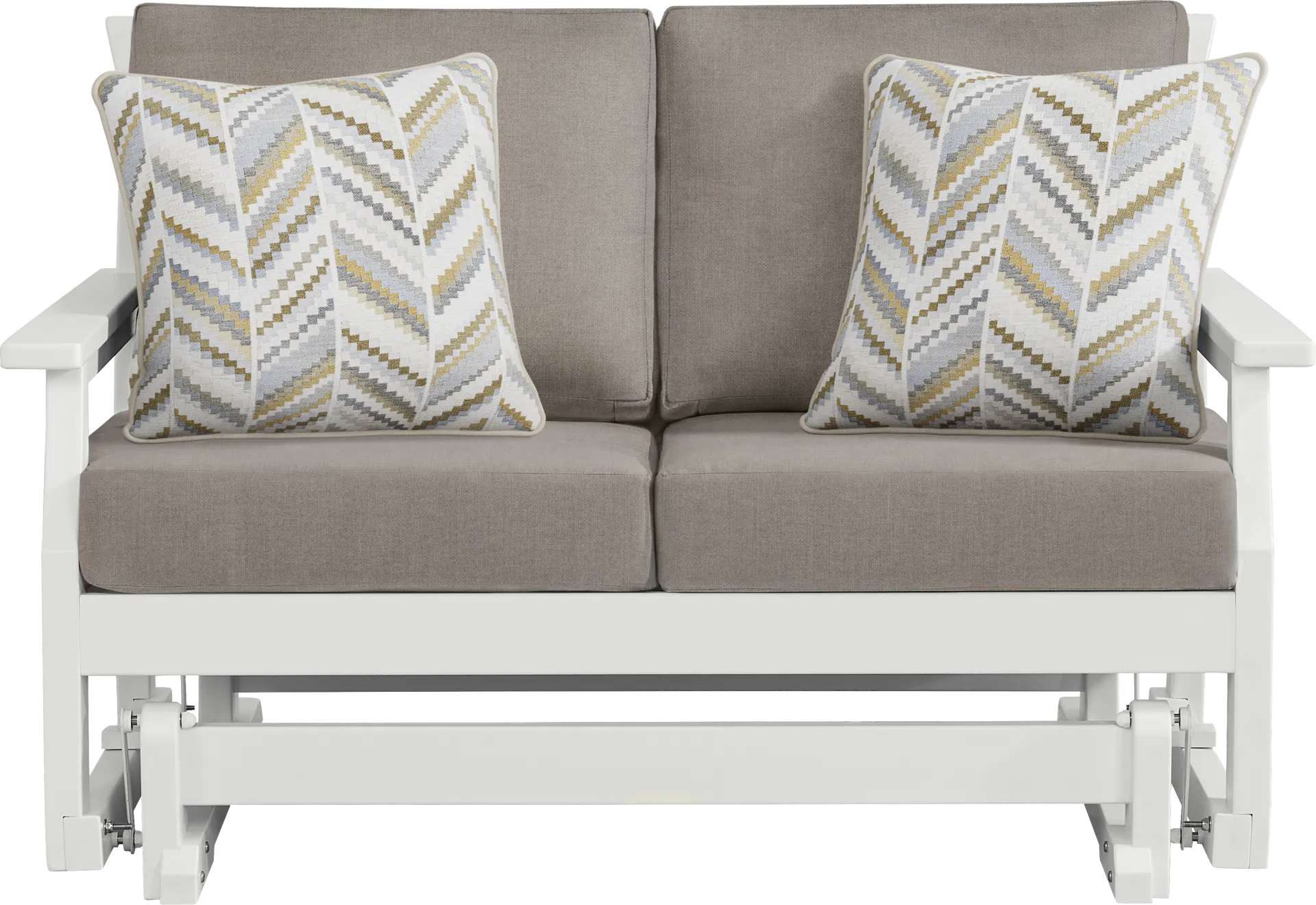 Eastlake White Outdoor Glider Loveseat with Mushroom Cushions - Image 1