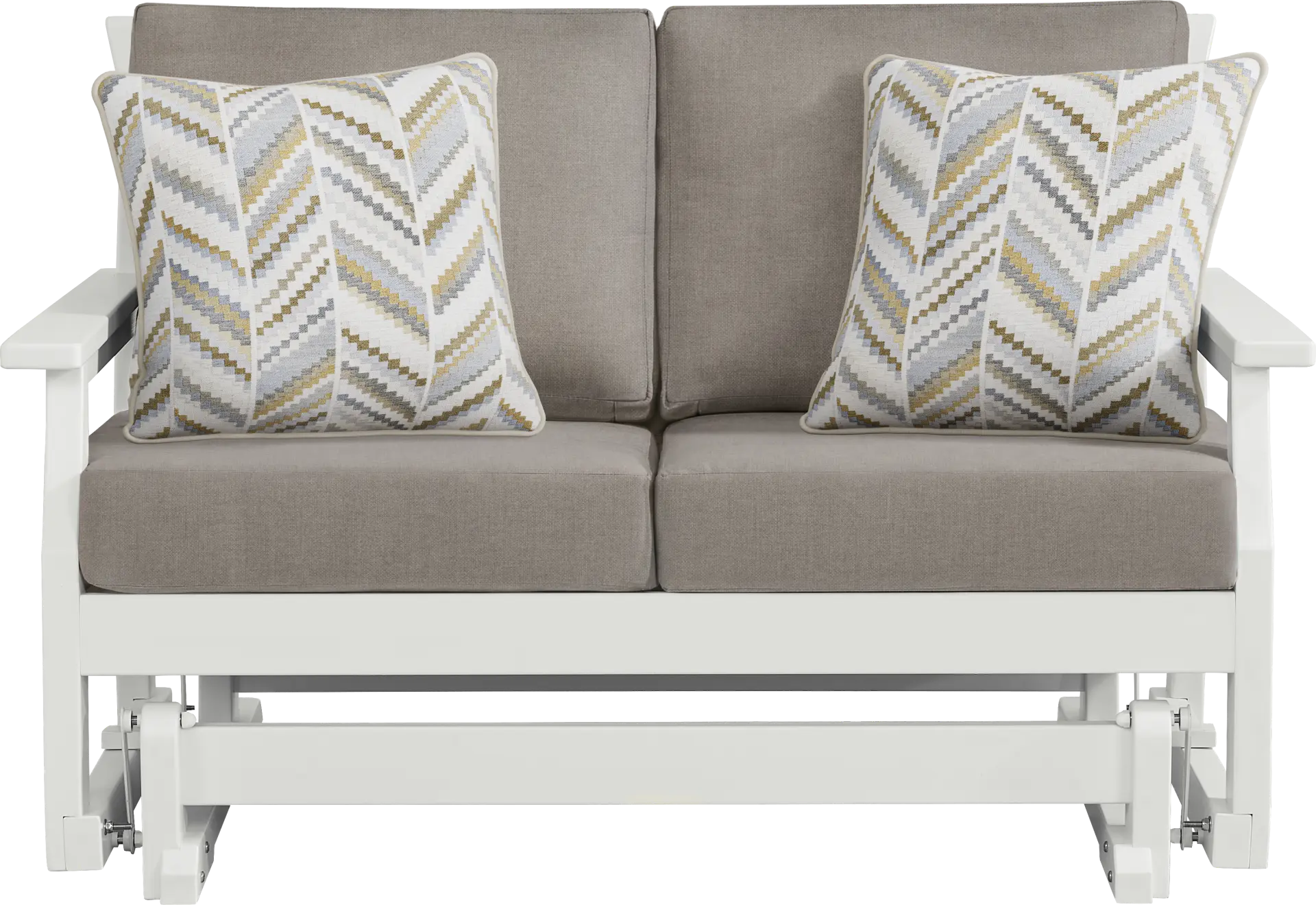 Eastlake White Outdoor Glider Loveseat with Mushroom Cushions