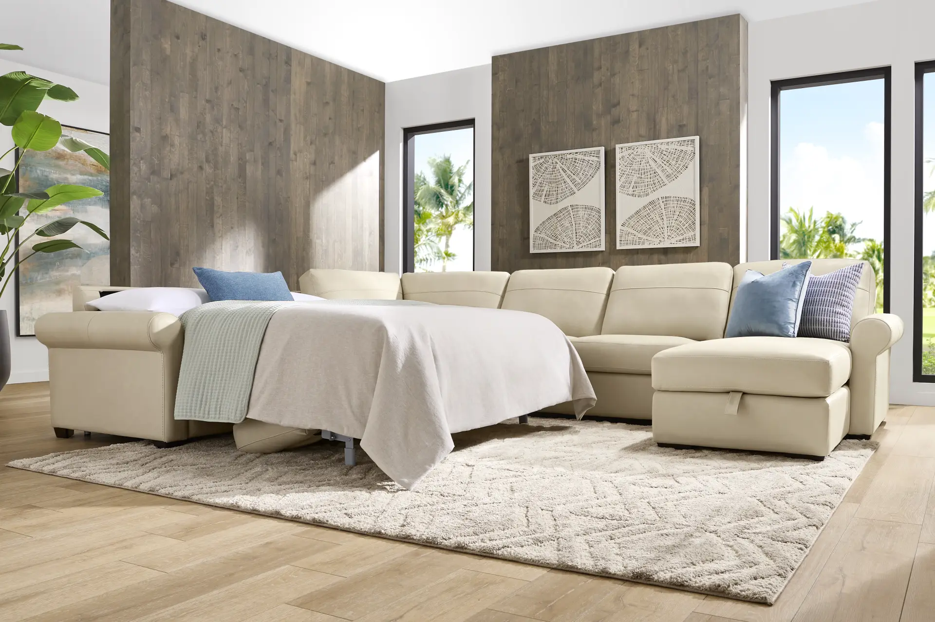 Parker Cream Leather 4 Pc Sleeper Sectional