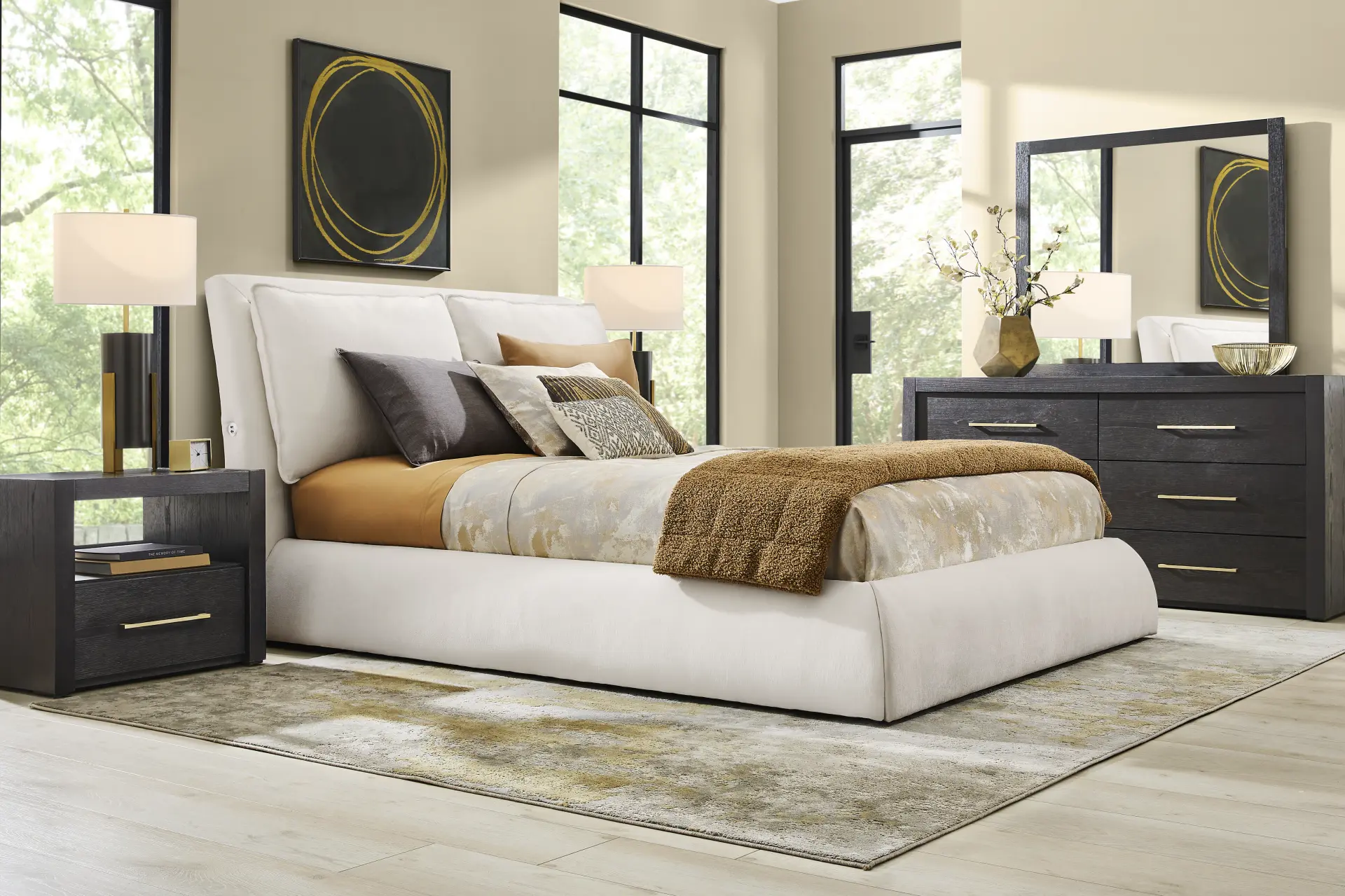 Townbrook Ebony 5 Pc Bedroom with York Mills White Upholstered Queen Bed