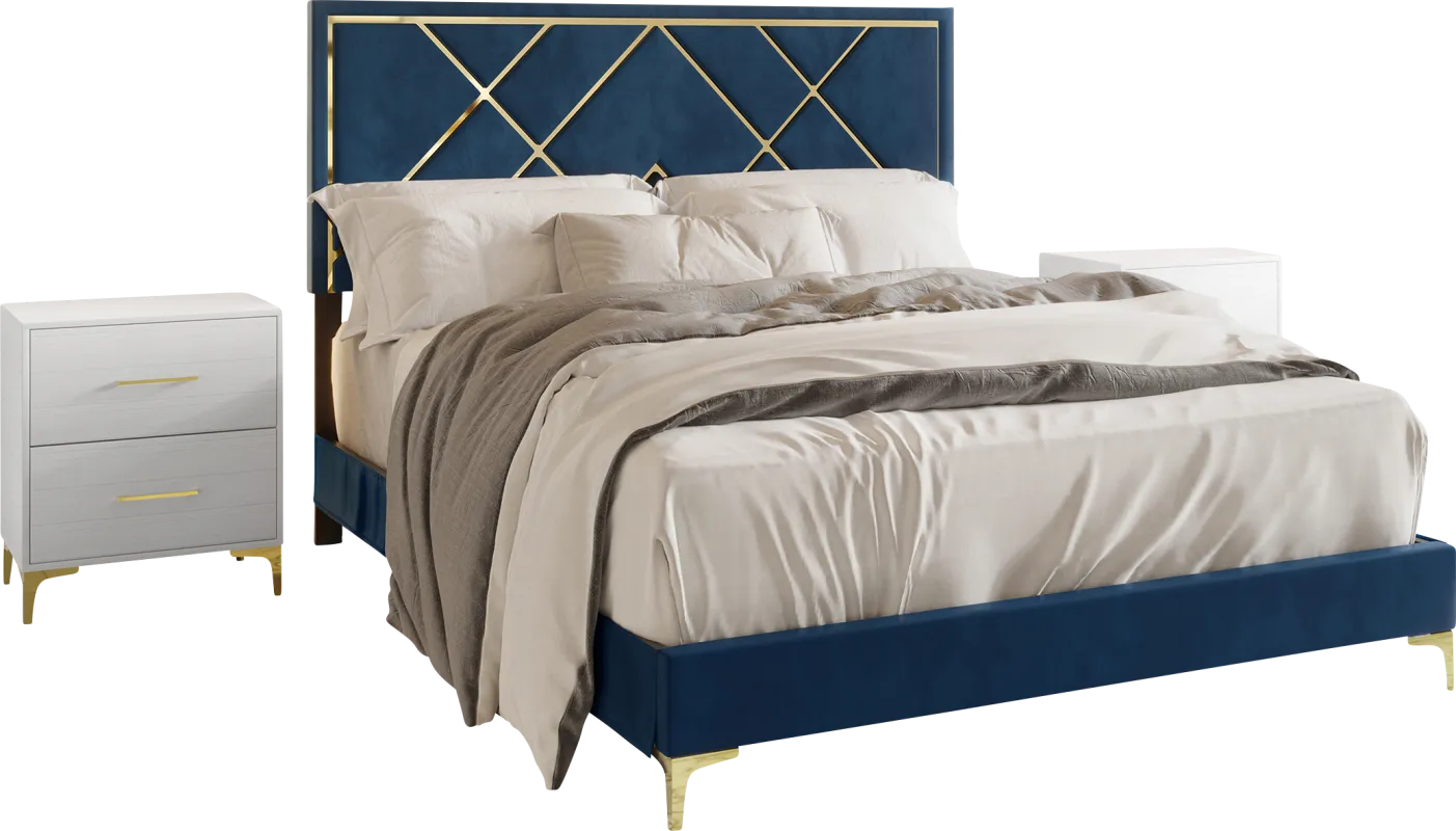 Havenway Blue Queen Bed with 2 Nightstands
