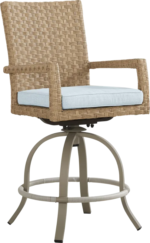 Rialto II Natural Outdoor Swivel Barstool with Sky Cushion