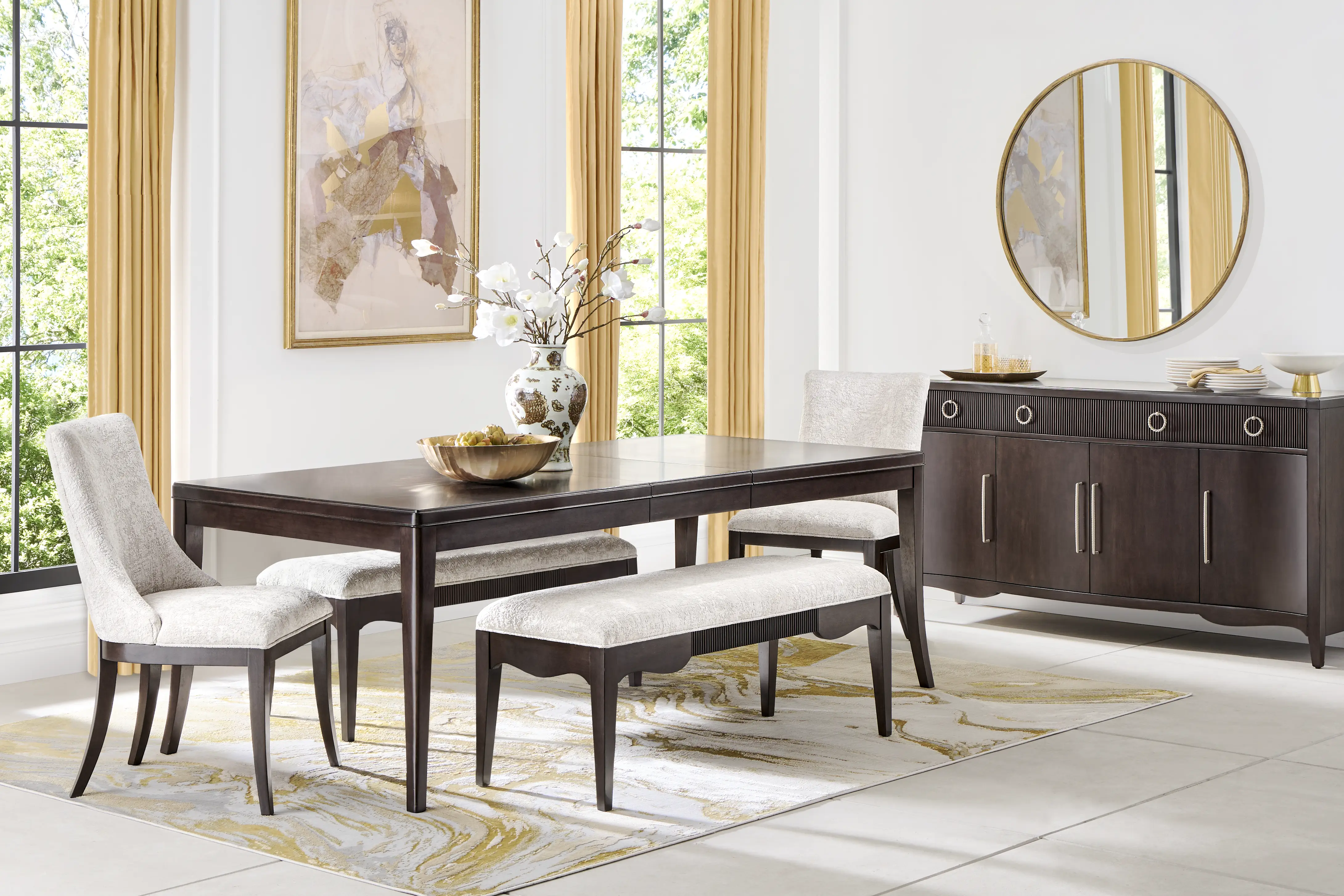 Bradbury Brown Cherry Finish 5 Pc Dining Room with Upholstered Chairs and Benches - Thumbnail - Image 1