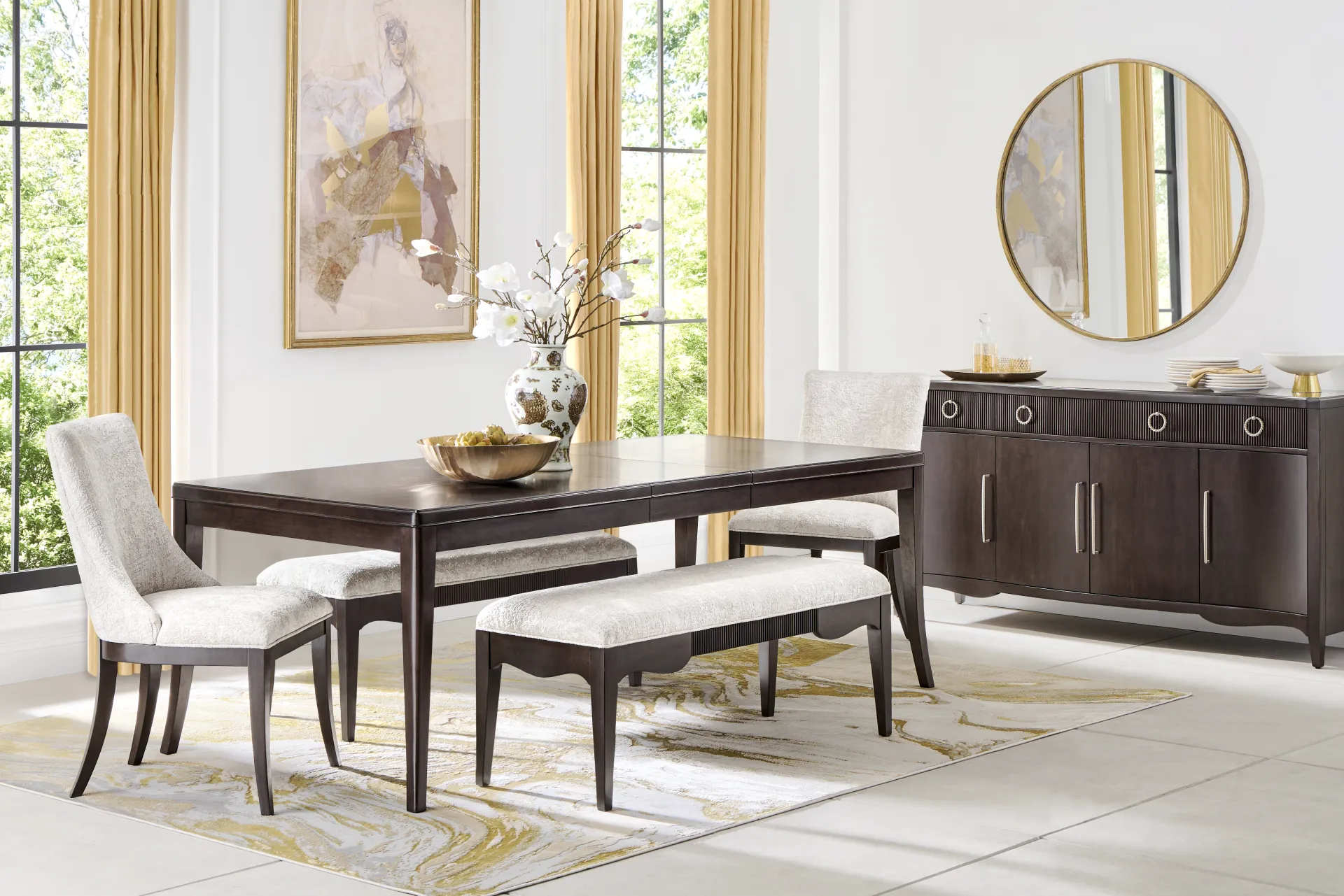 Bradbury Brown Cherry Finish 5 Pc Dining Room with Upholstered Chairs and Benches - Image 1