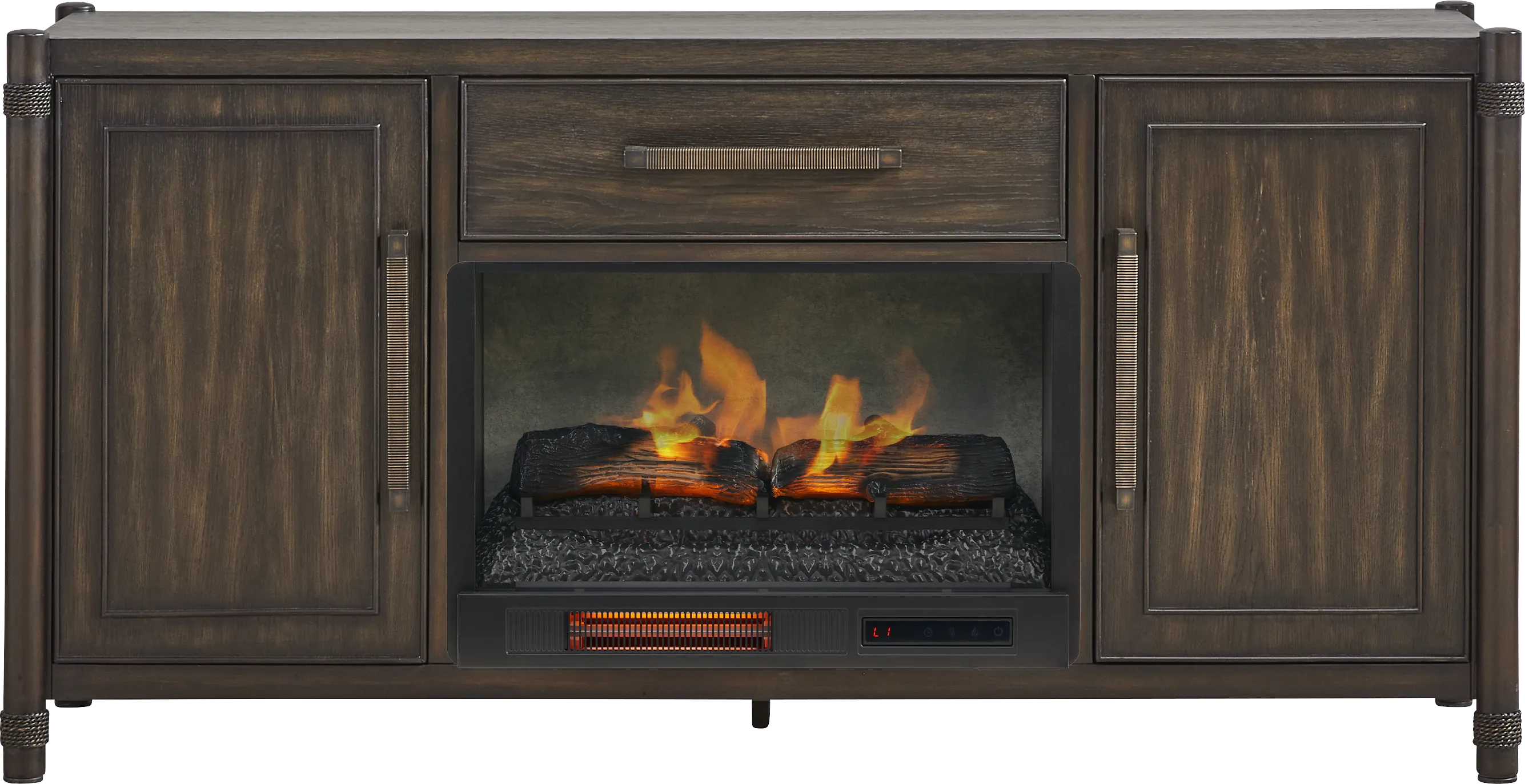 Vineyard Estates Brown 66 in. Console with Electric Log Fireplace - Thumbnail - Image 1