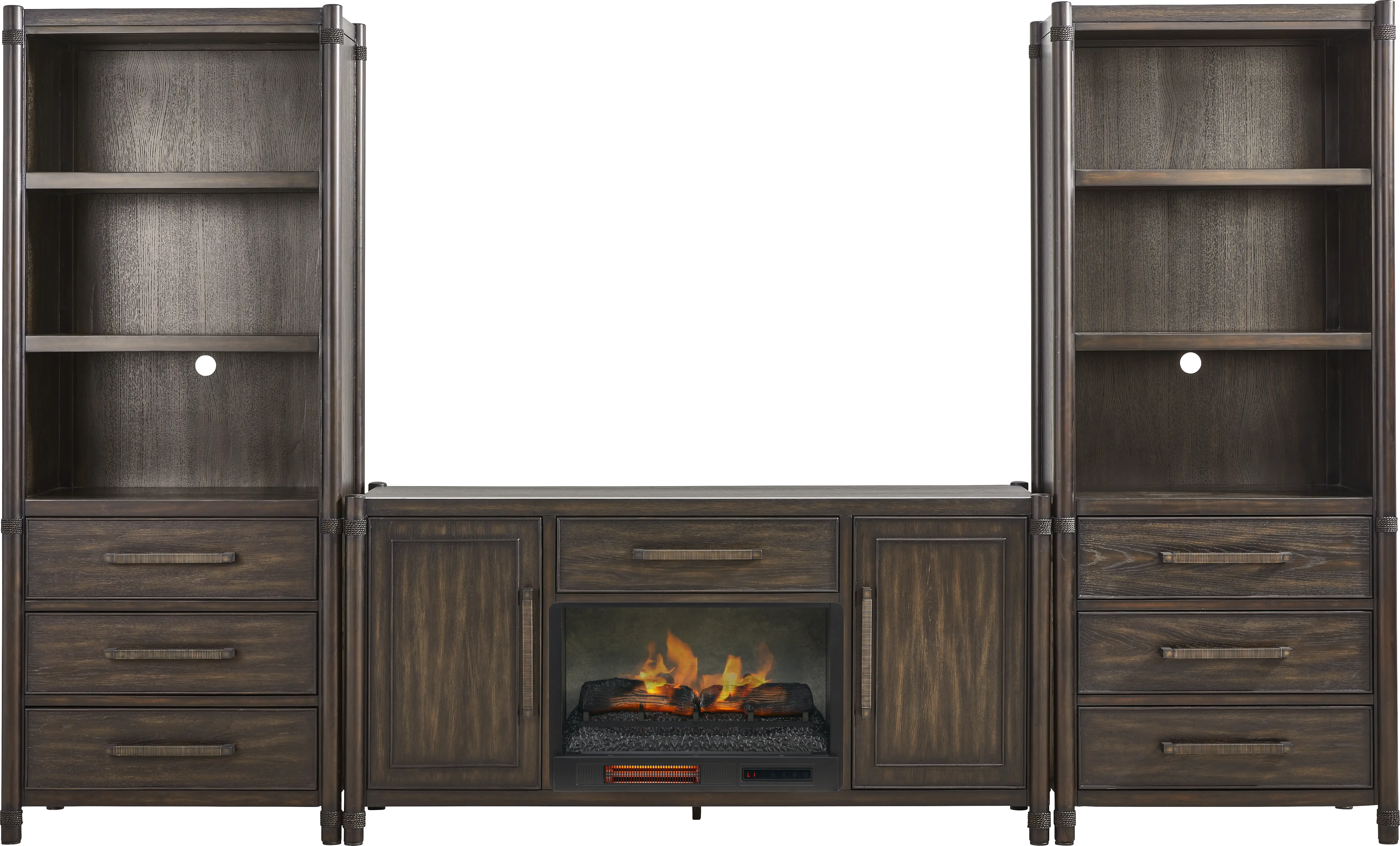 Vineyard Estates Brown 3 Pc Wall Unit with 66 in. Console and Electric Log Fireplace - Thumbnail - Image 1