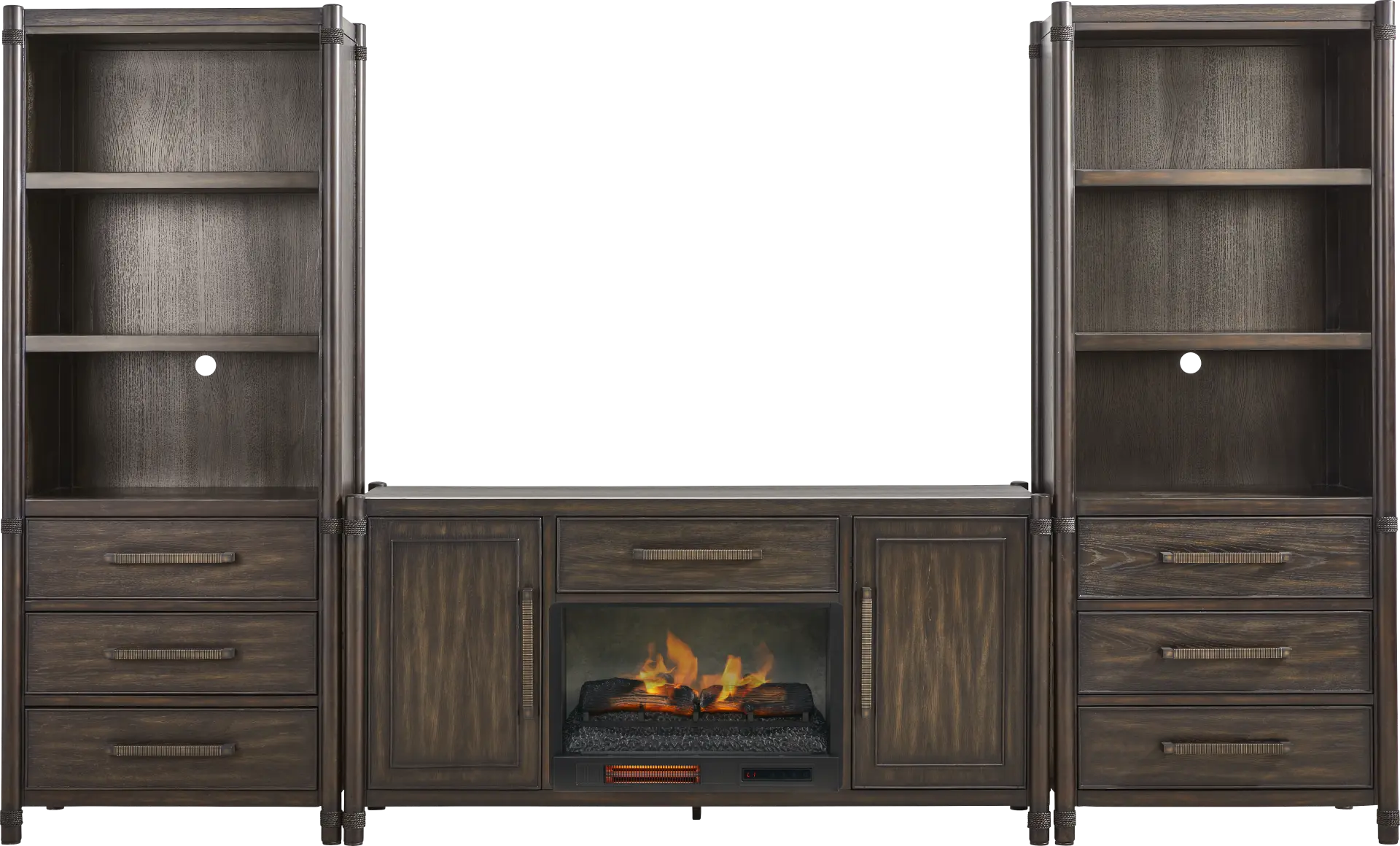 Vineyard Estates Brown 3 Pc Wall Unit with 66 in. Console and Electric Log Fireplace