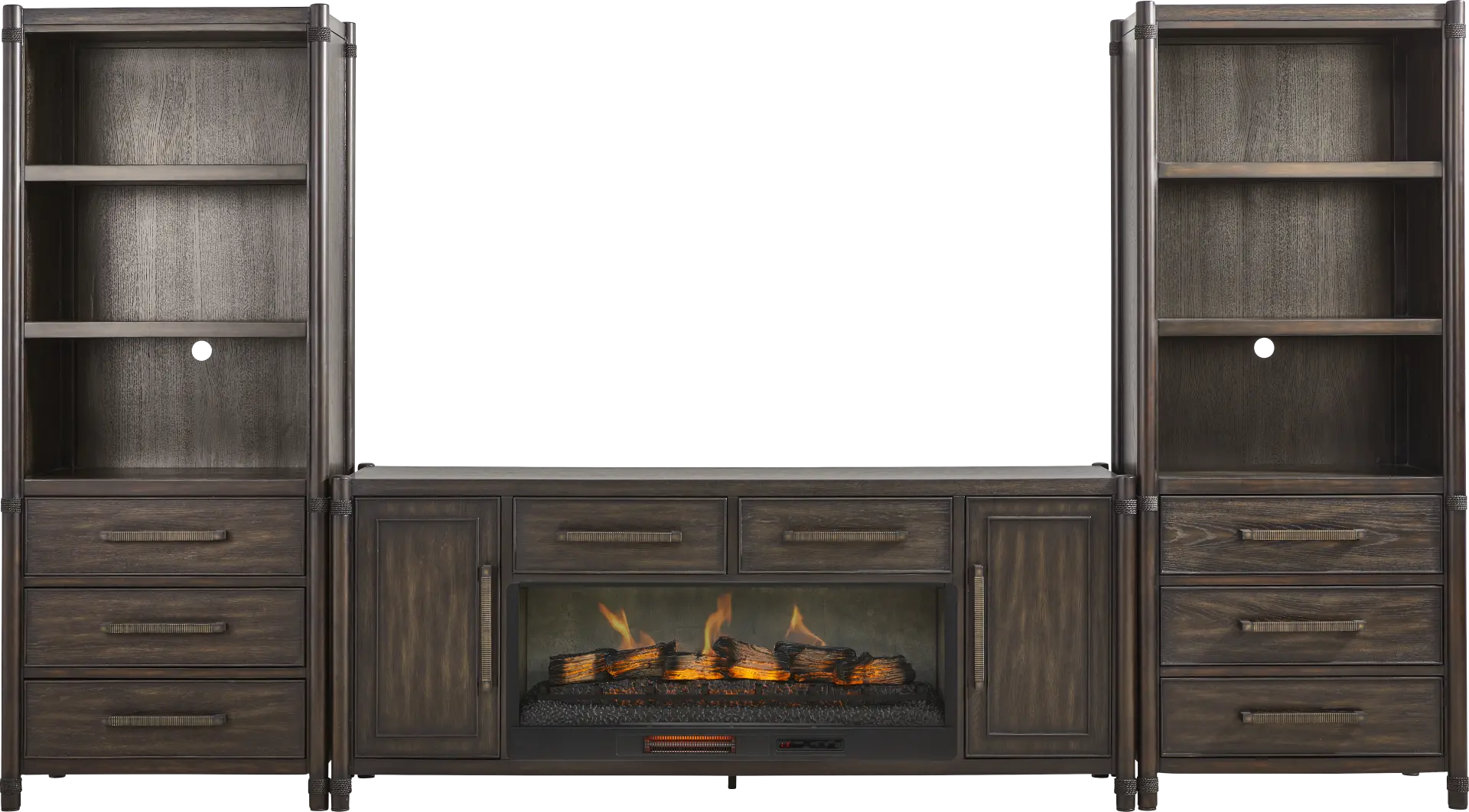 Vineyard Estates Brown 3 Pc Wall Unit with 78 in. Console and Electric Log Fireplace