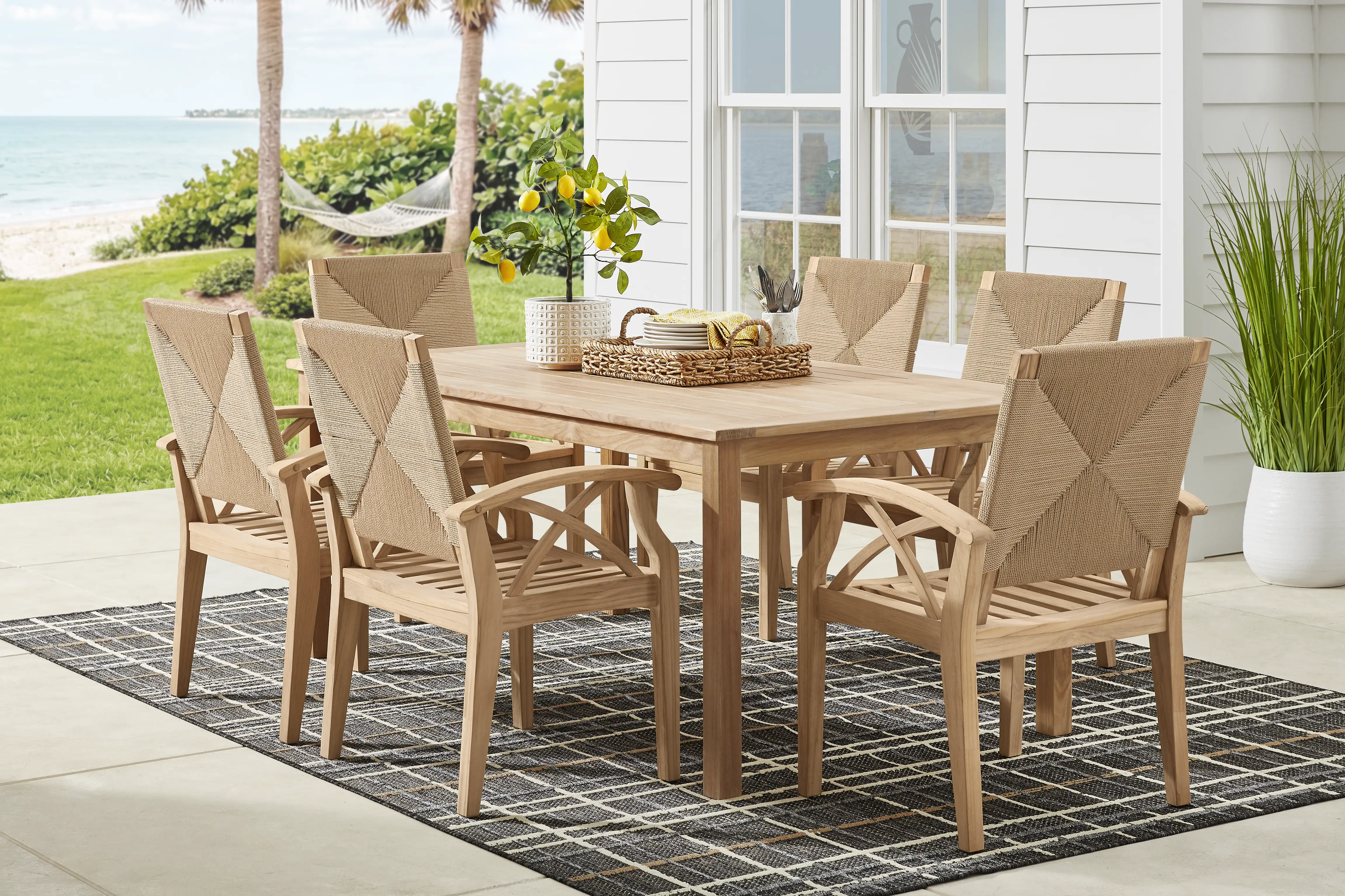 Pleasant Bay Woven Teak 7 Pc Rectangle Outdoor Dining Set - Thumbnail - Image 1