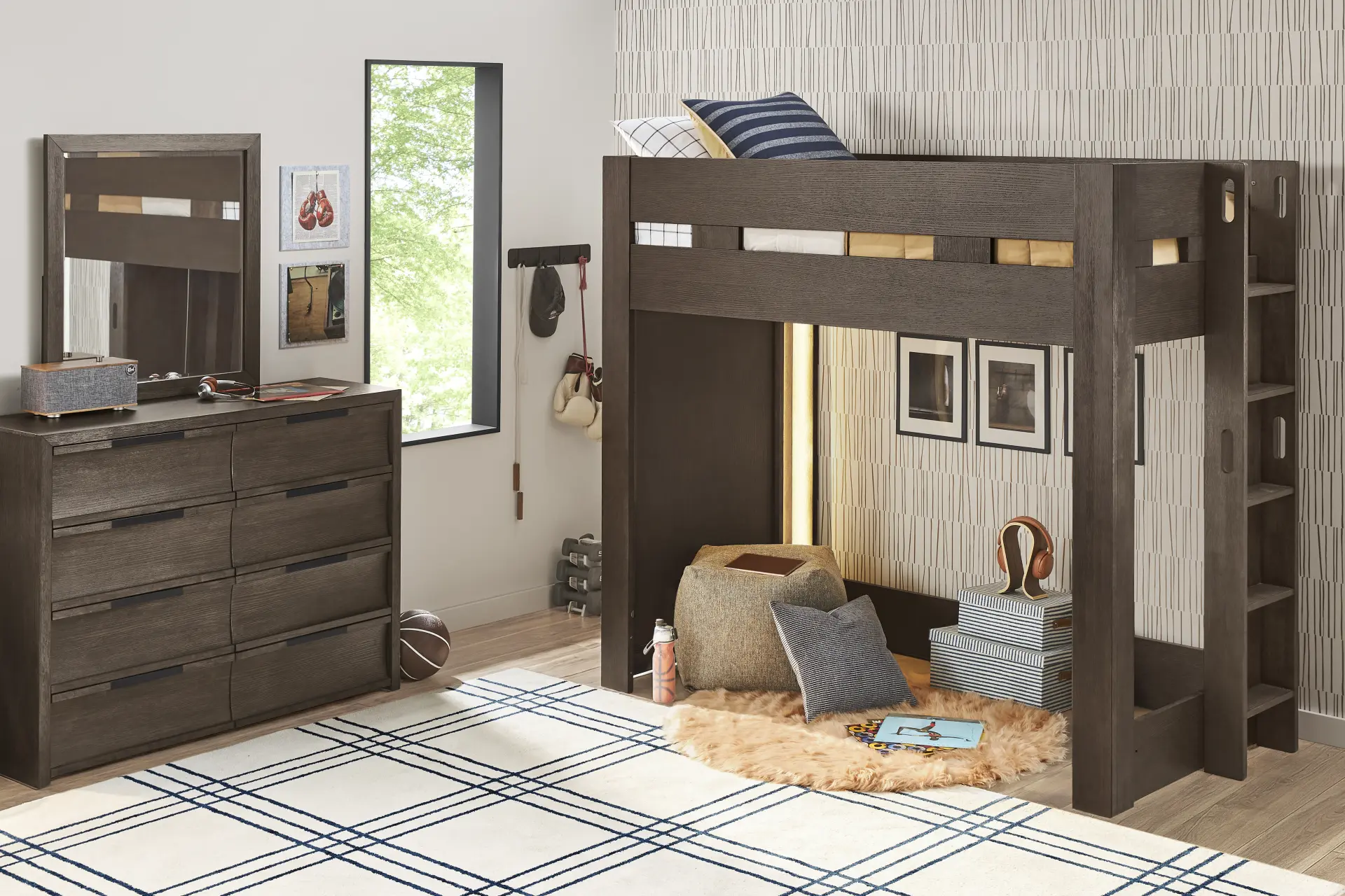 Kids Sierra Summit Brown Oak Twin Loft Bed with 1 Closed End Panel