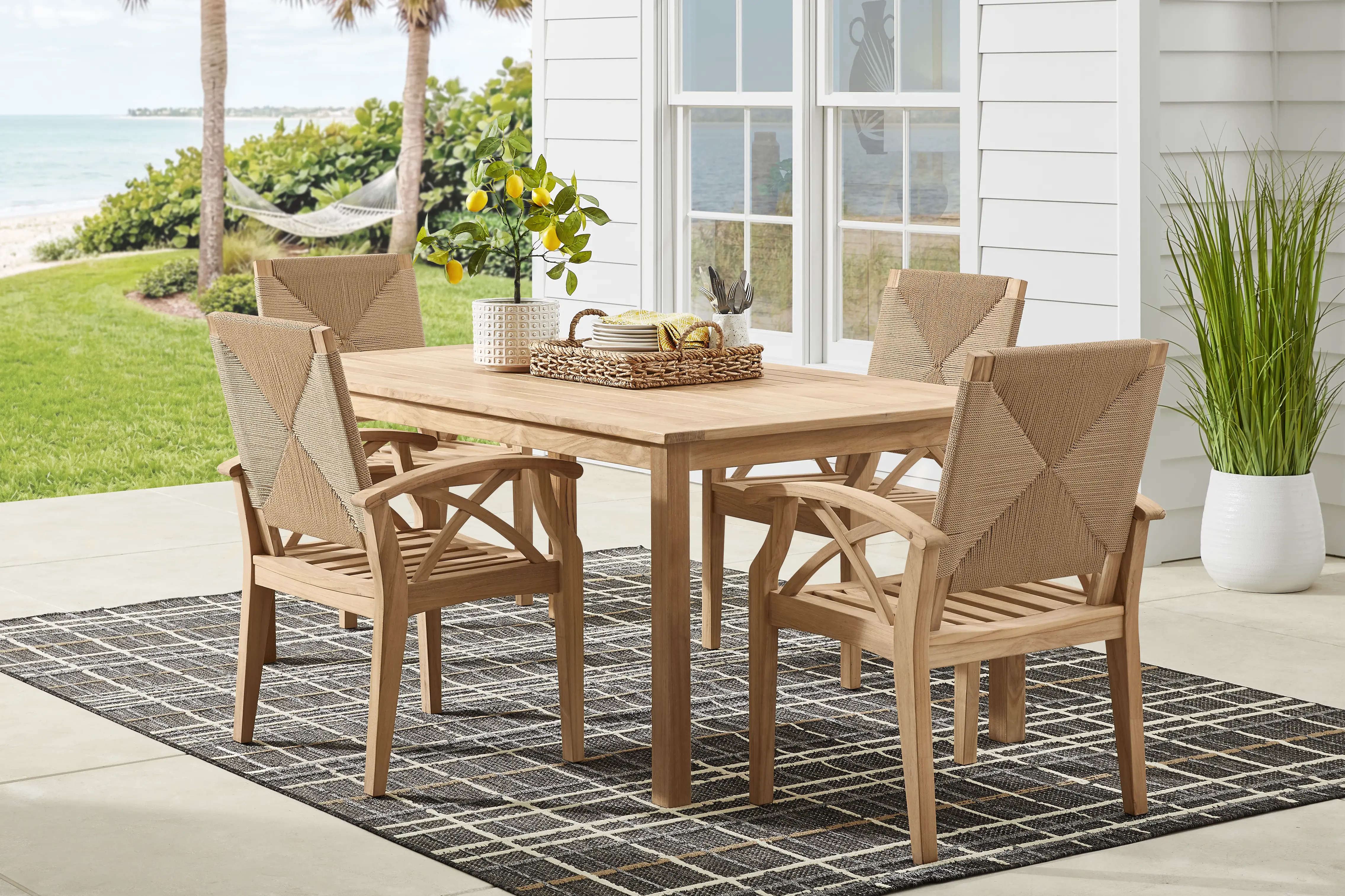 Pleasant Bay Woven Teak 5 Pc Rectangle Outdoor Dining Set - Thumbnail - Image 1