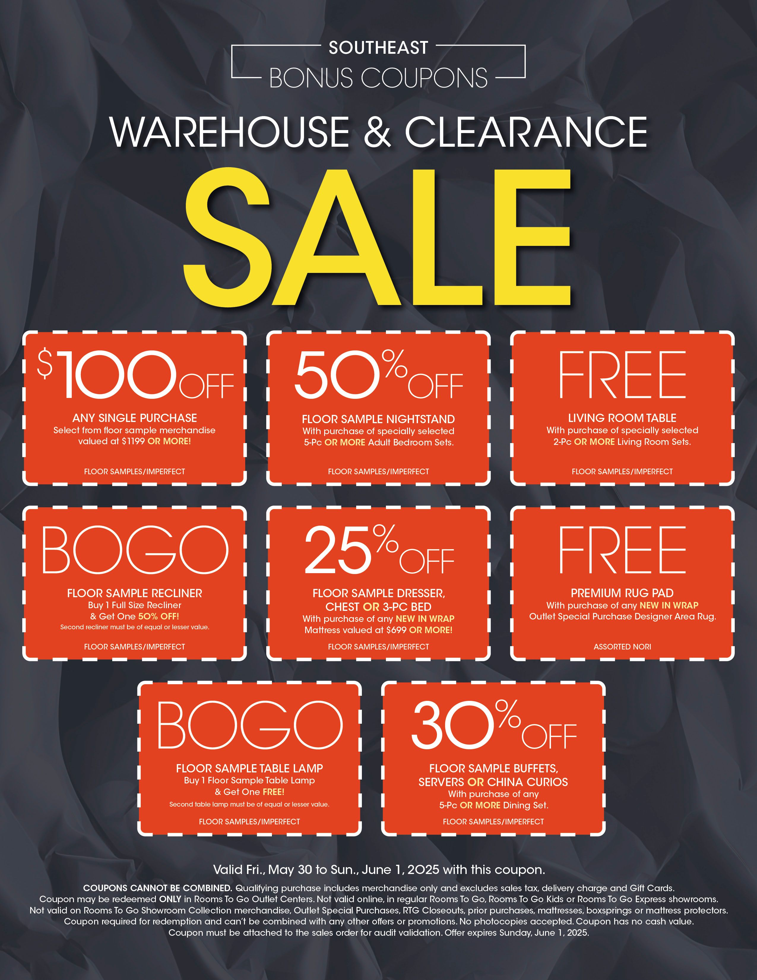 Promotional coupon for a warehouse and clearance sale with various discounts and offers.
