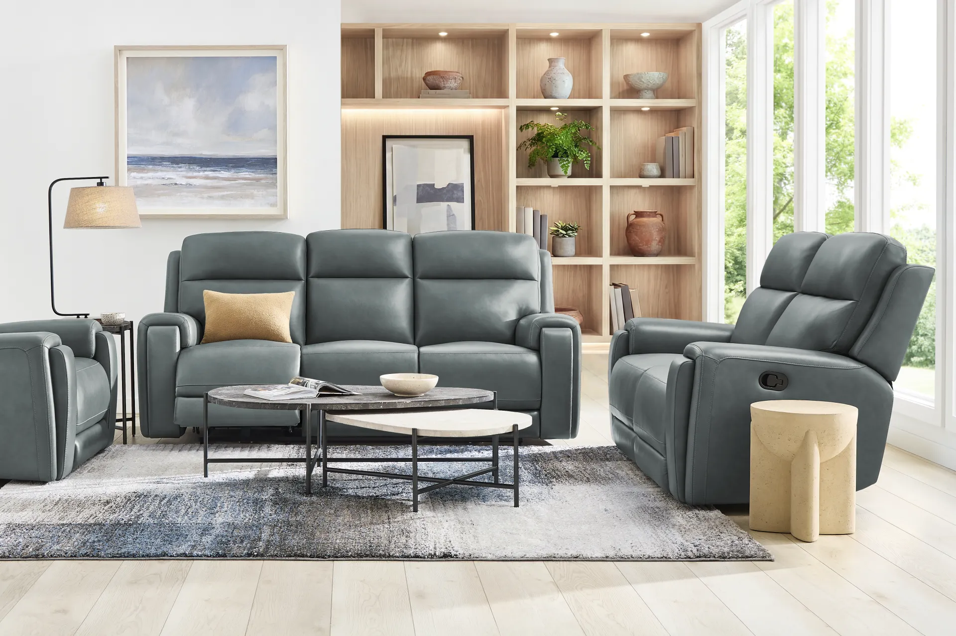 Genesis Blue Leather Dual Power Reclining Sofa - Image 1