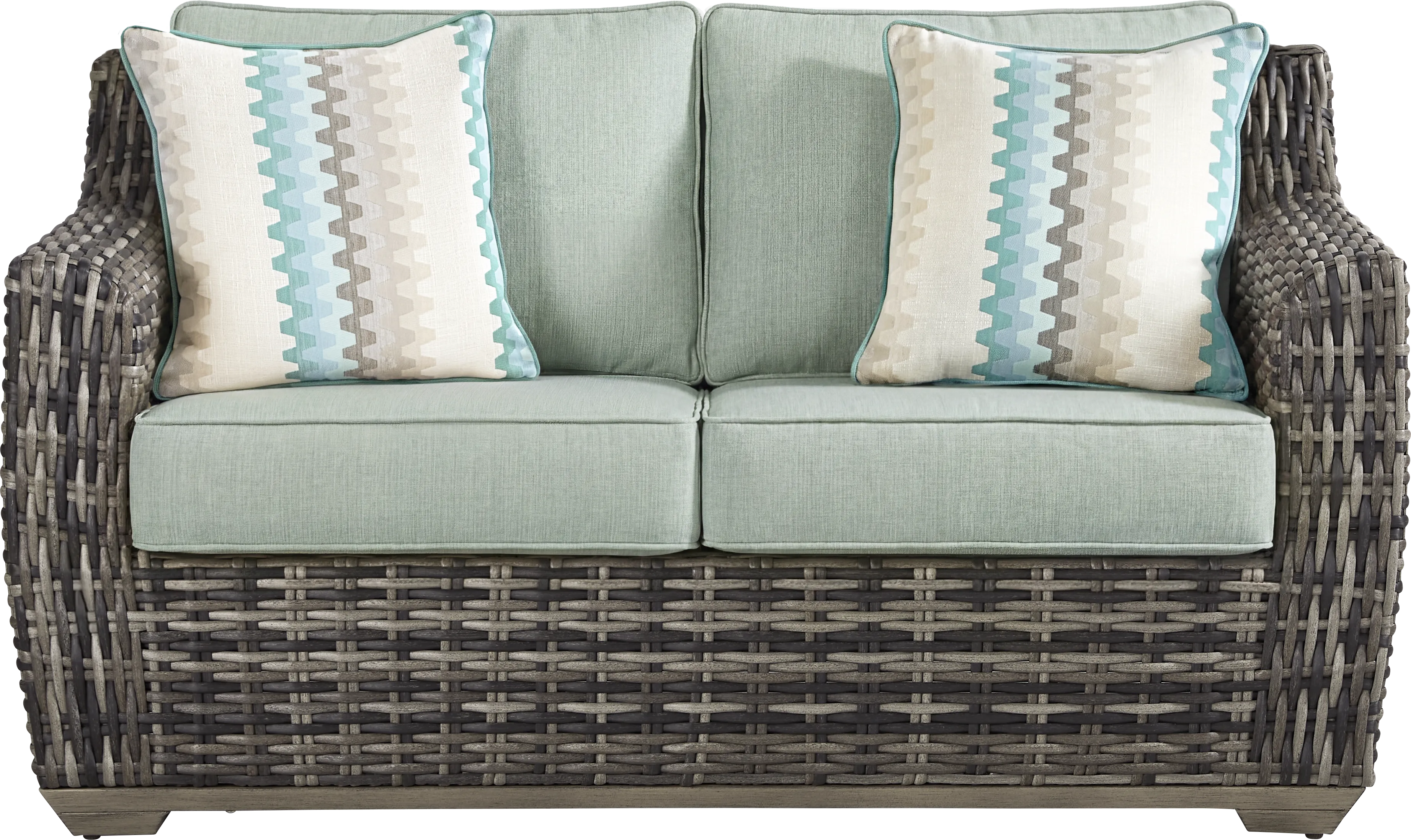 Montecello Gray Outdoor Loveseat with Mist Cushions - Thumbnail - Image 1