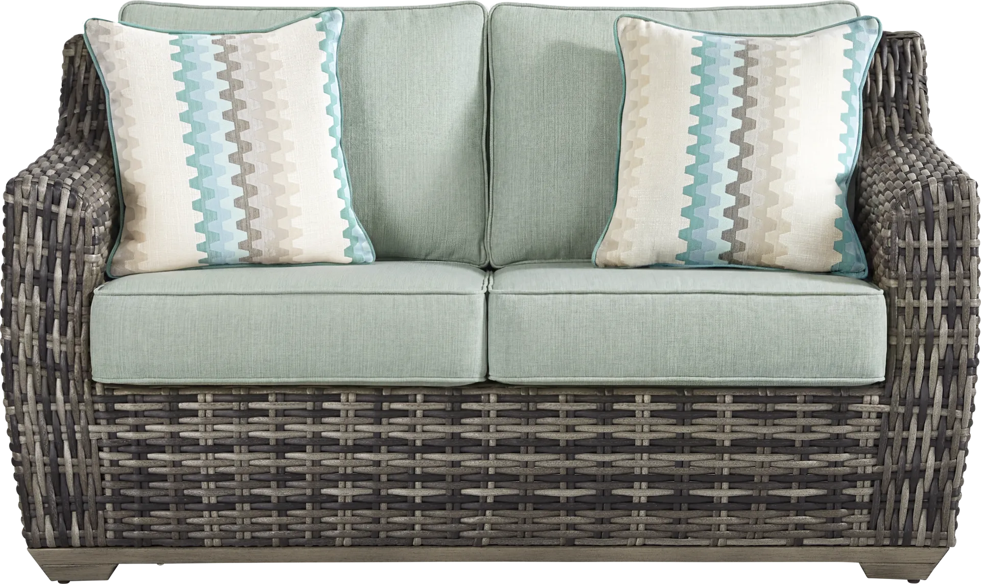 Montecello Gray Outdoor Loveseat with Mist Cushions - Image 1
