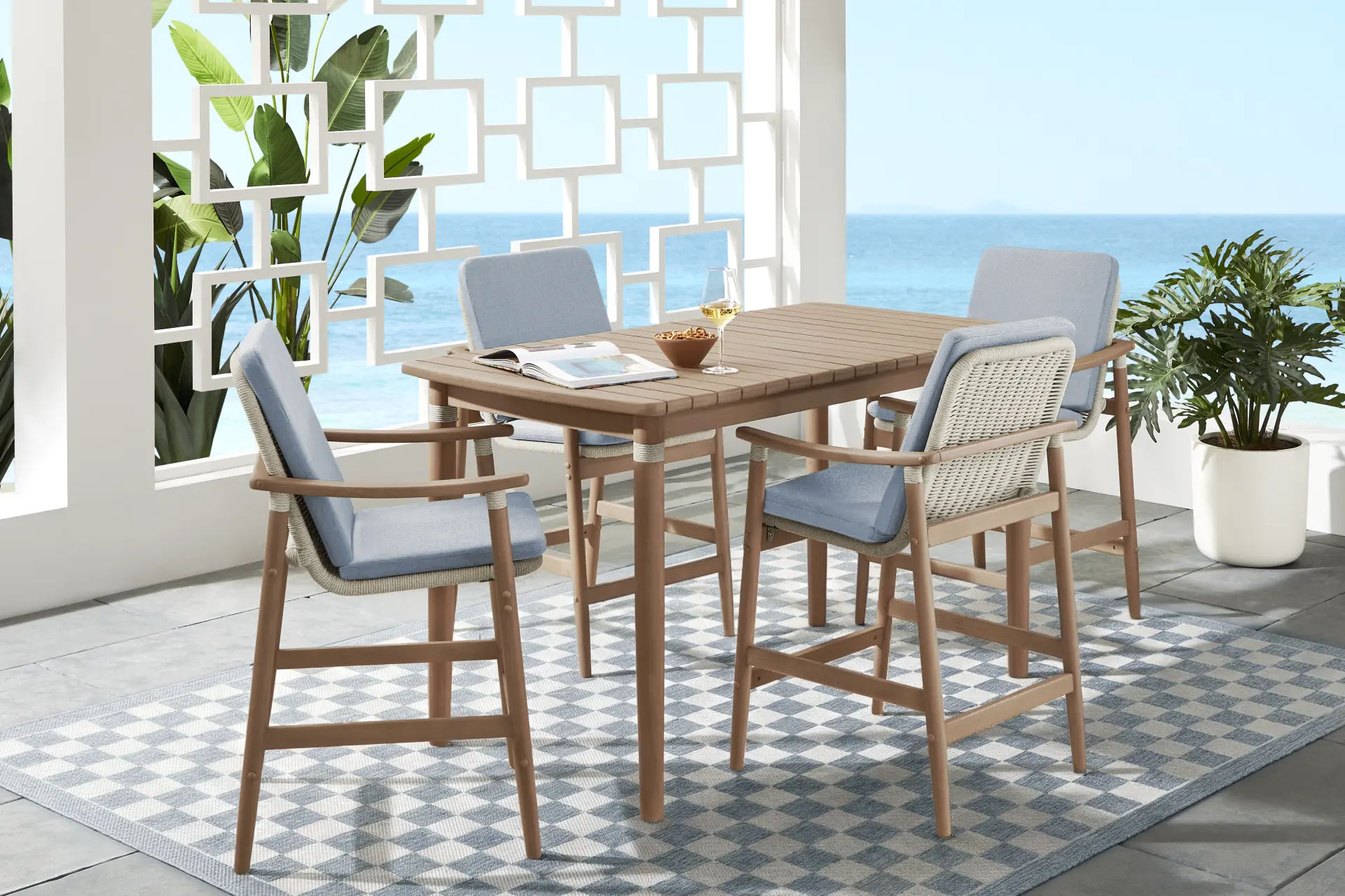 Raphina Gray 5 Pc Bar Height Outdoor Dining Set with Rain Cushions