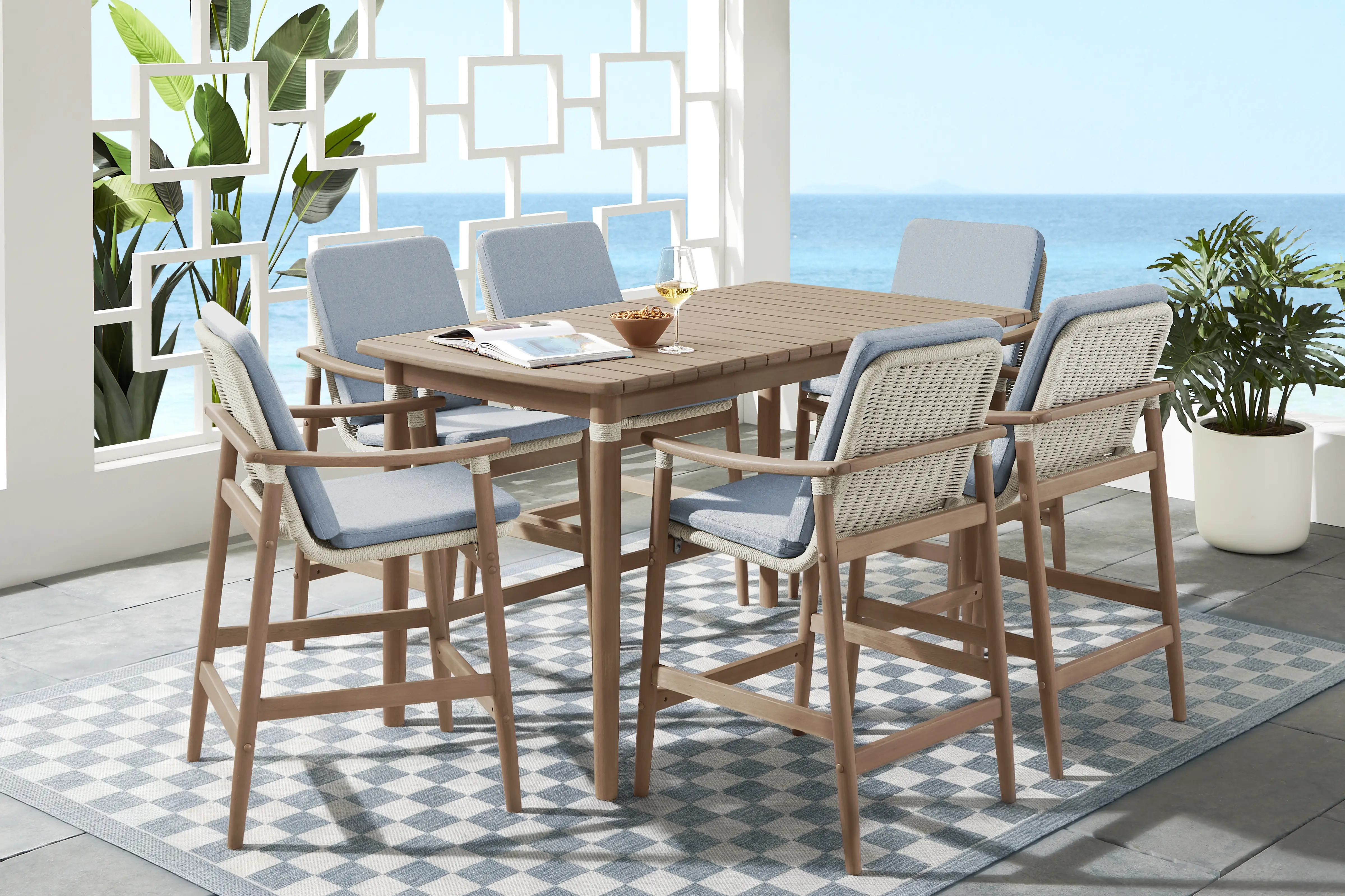 Raphina Gray 7 Pc Bar Height Outdoor Dining Set with Rain Cushions - Thumbnail - Image 1