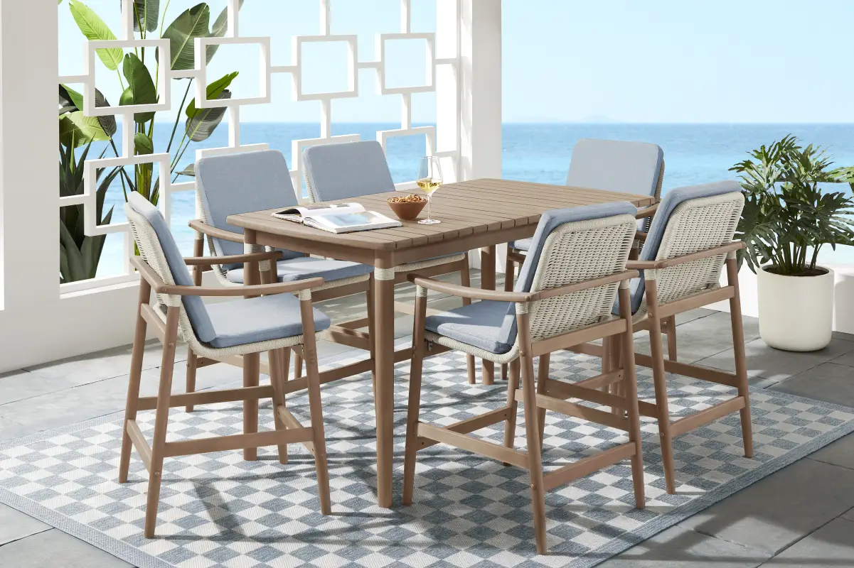 Raphina Gray 7 Pc Bar Height Outdoor Dining Set with Rain Cushions