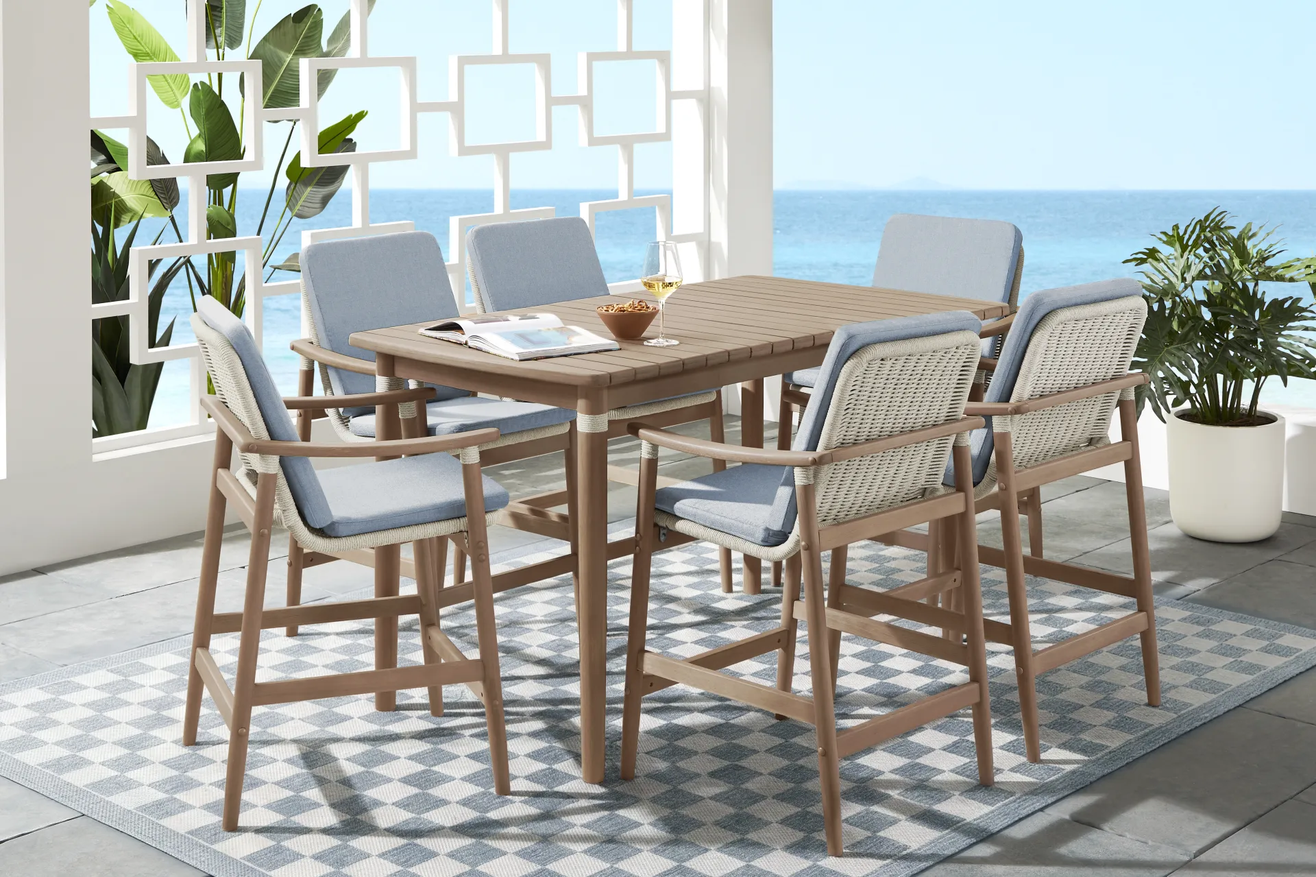 Raphina Gray 7 Pc Bar Height Outdoor Dining Set with Rain Cushions - Image 1