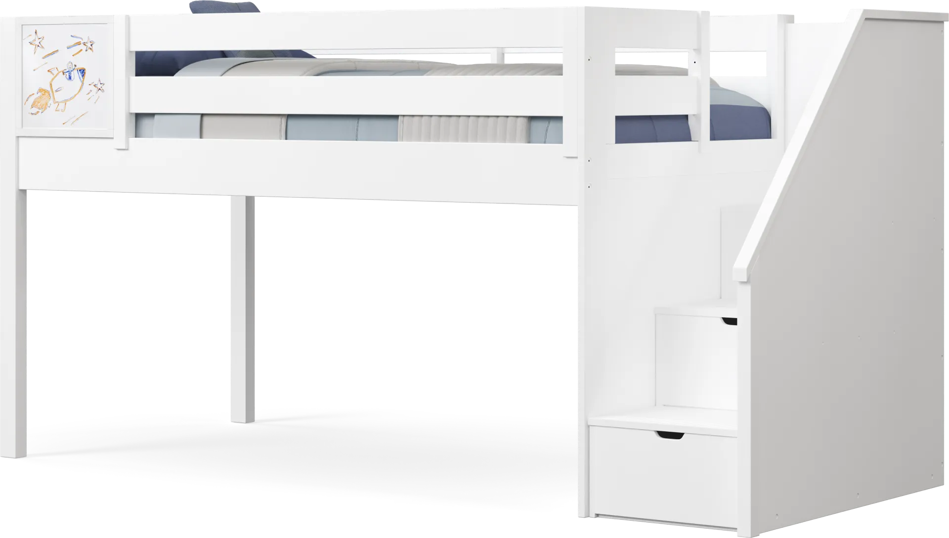 Kids Fantasy Fort White Twin Low Step Loft with Activity Panel - Image 1