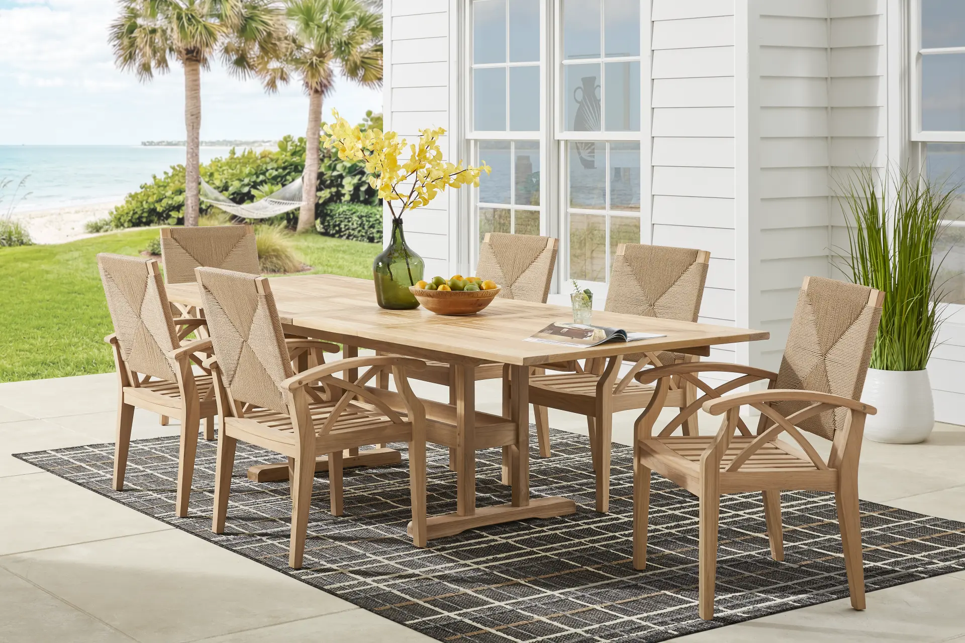 Pleasant Bay Woven Teak 7 Pc Rectangle Extension Outdoor Dining Set