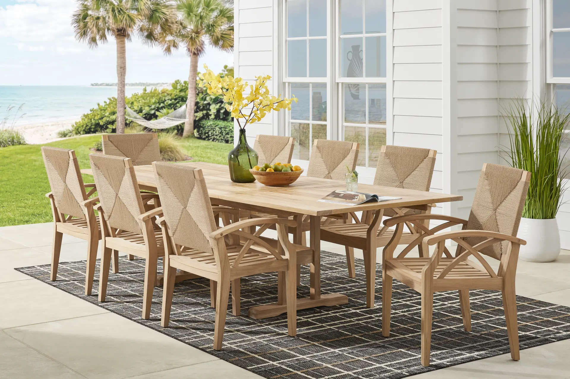 Pleasant Bay Woven Teak 9 Pc Rectangle Extension Outdoor Dining Set