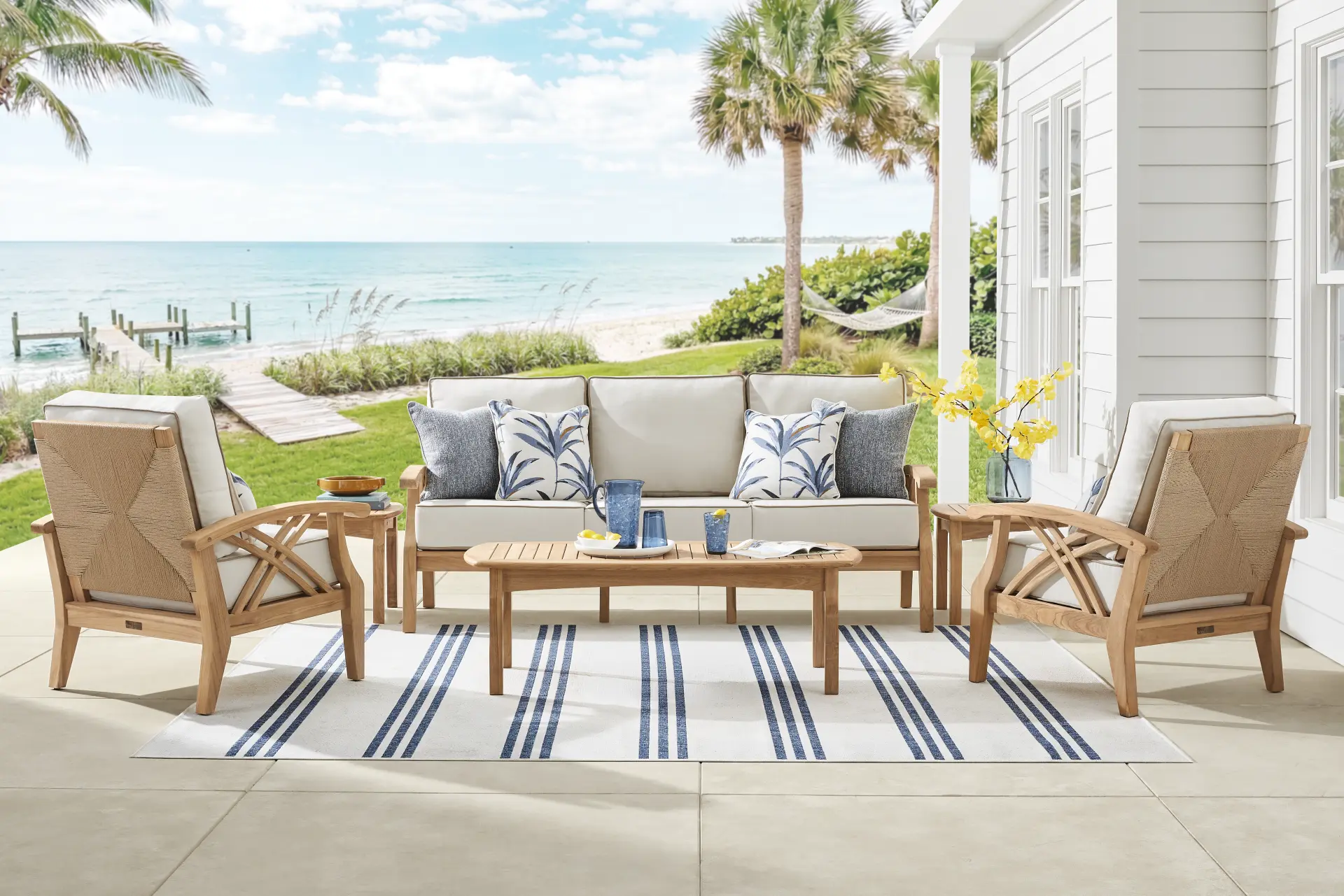 Pleasant Bay Woven Teak 4 Pc Outdoor Seating Set with Vapor Cushions