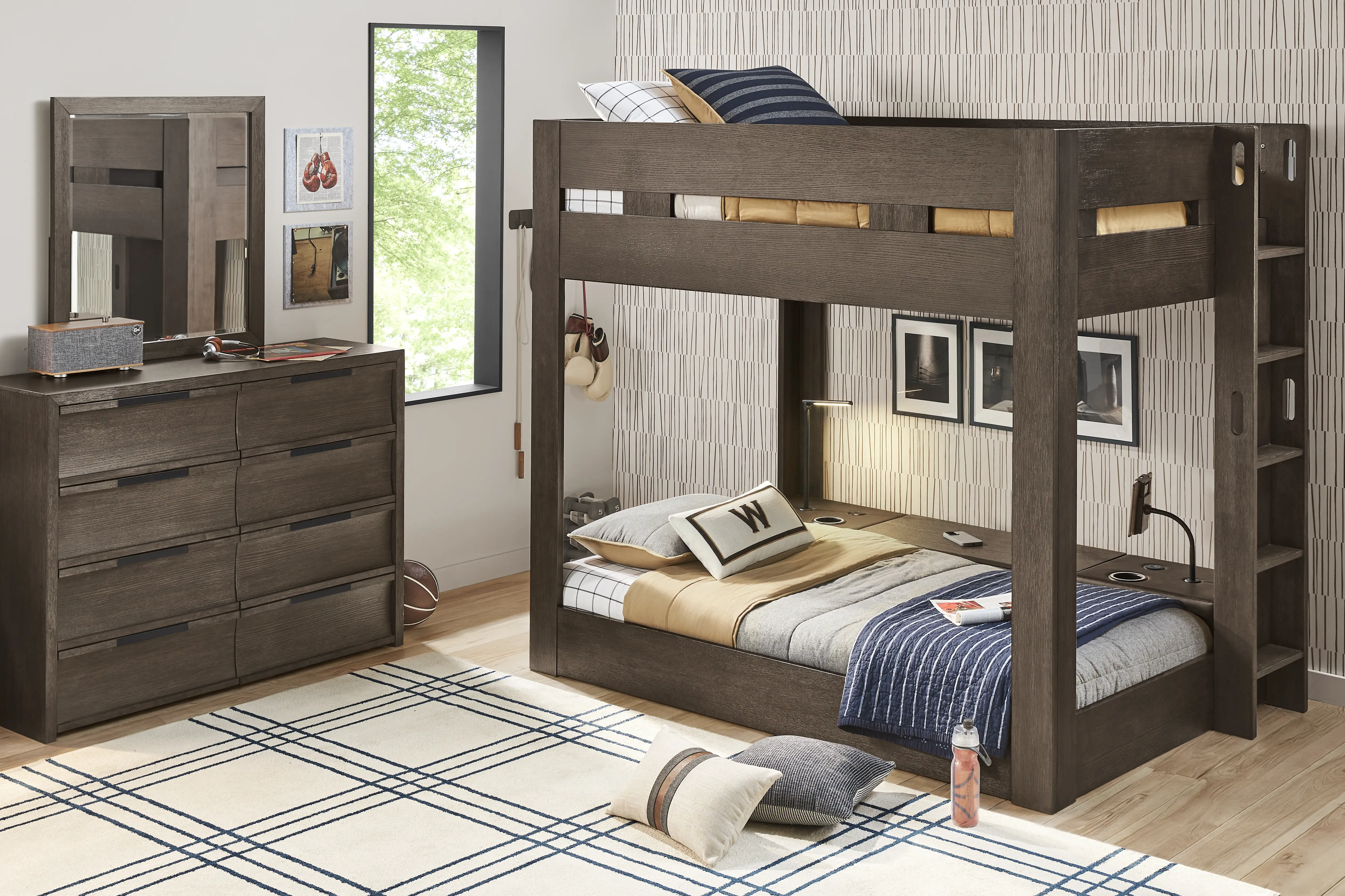 Kids Sierra Summit Brown Oak Twin/Full Bunk Bed with Tech Console - Image 1