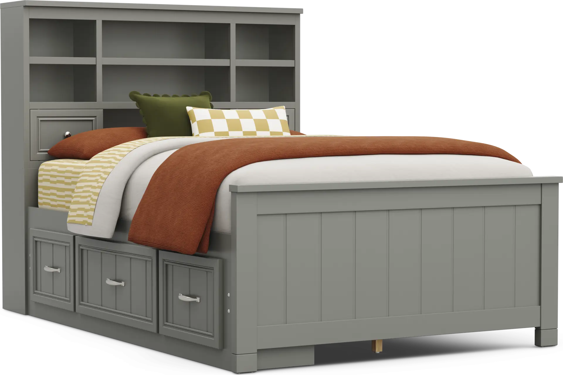Kids Cottage Colors 2.0 Gray Full Bookcase Bed with Storage Side Rail