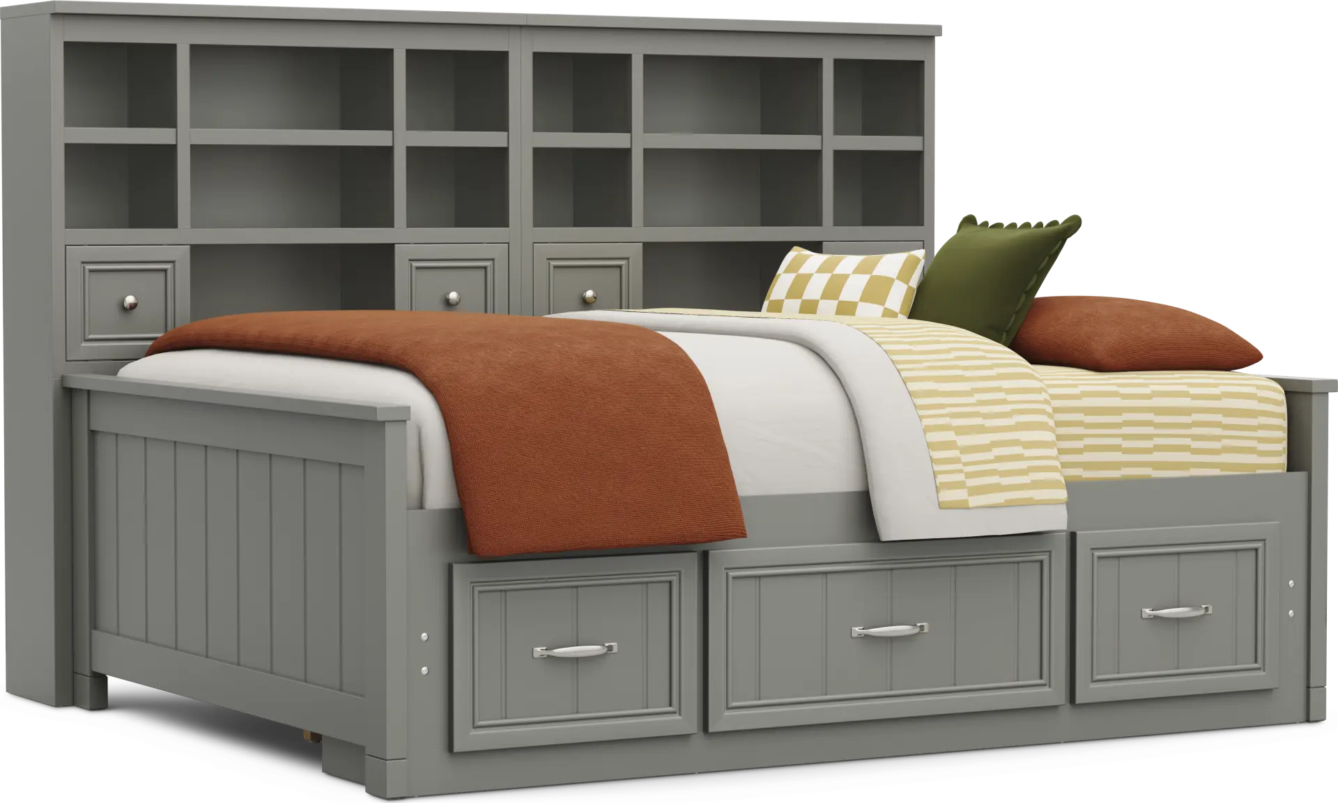 Kids Cottage Colors 2.0 Gray Full Bookcase Wall Bed with Storage Side Rail