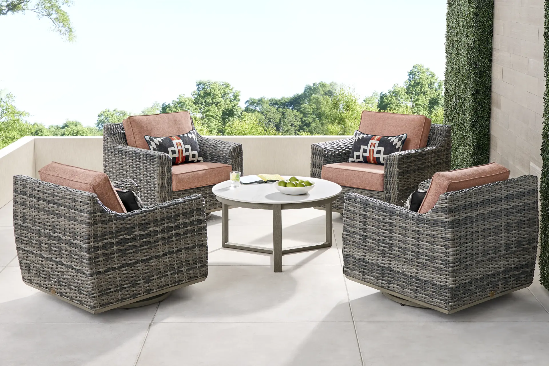 Montecello Gray 5 Pc Outdoor Swivel Chat Set with Terracotta Cushions