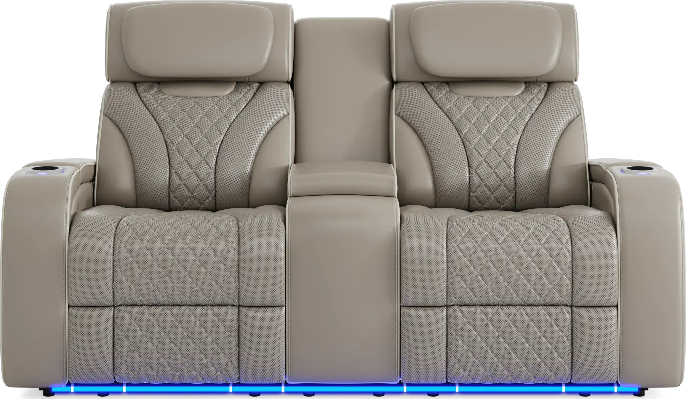 Horizon Ridge Beige Leather Triple Power Reclining Console Loveseat with Massage and Heat