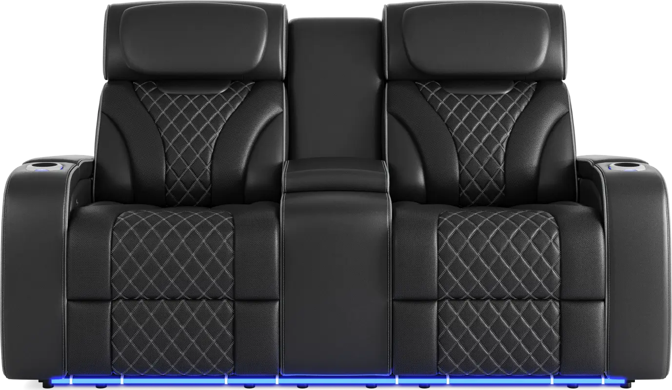 Horizon Ridge Black Leather Triple Power Reclining Console Loveseat with Massage and Heat