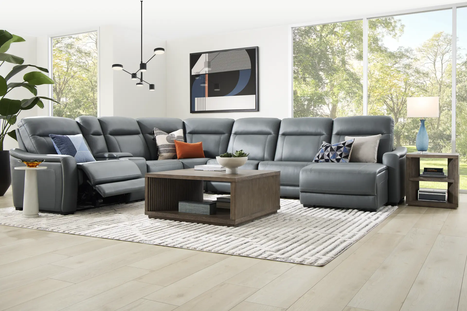Newport Blue Leather 7 Pc Dual Power Reclining Sectional