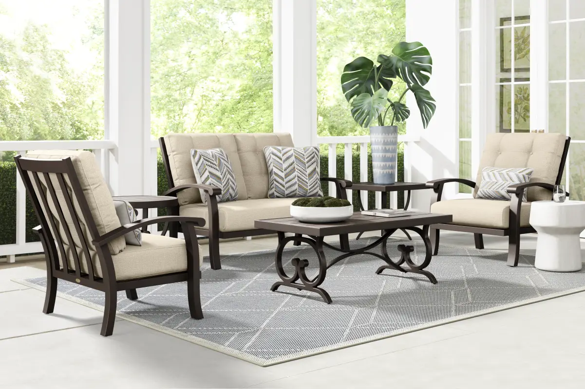 Lake Breeze Aged Bronze 4 Pc Outdoor Loveseat Seating Set with Hemp-Colored Cushions