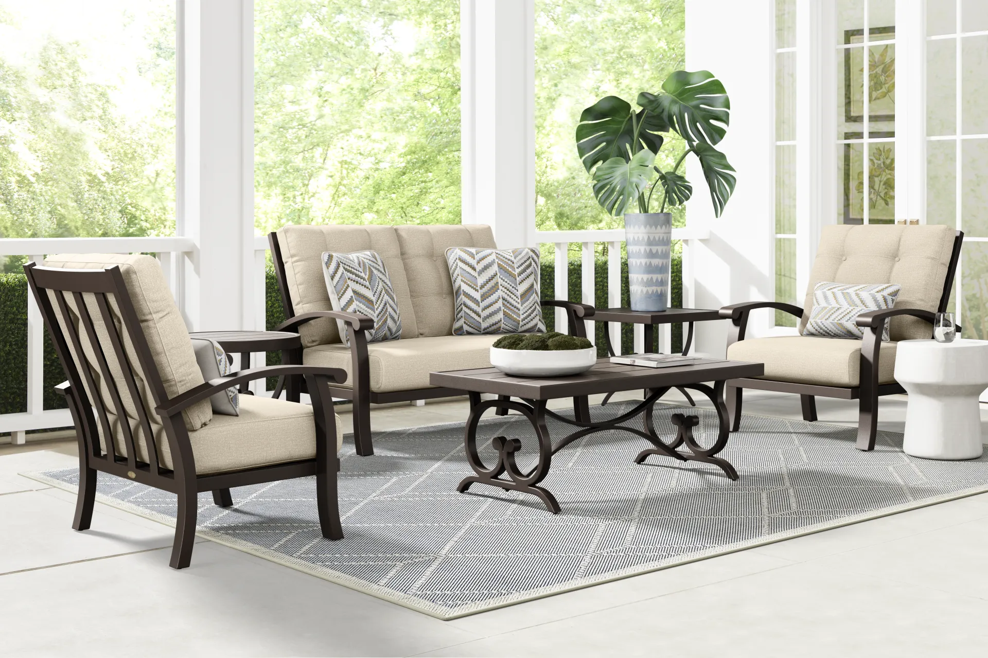Lake Breeze Aged Bronze 4 Pc Outdoor Loveseat Seating Set with Hemp-Colored Cushions - Image 1