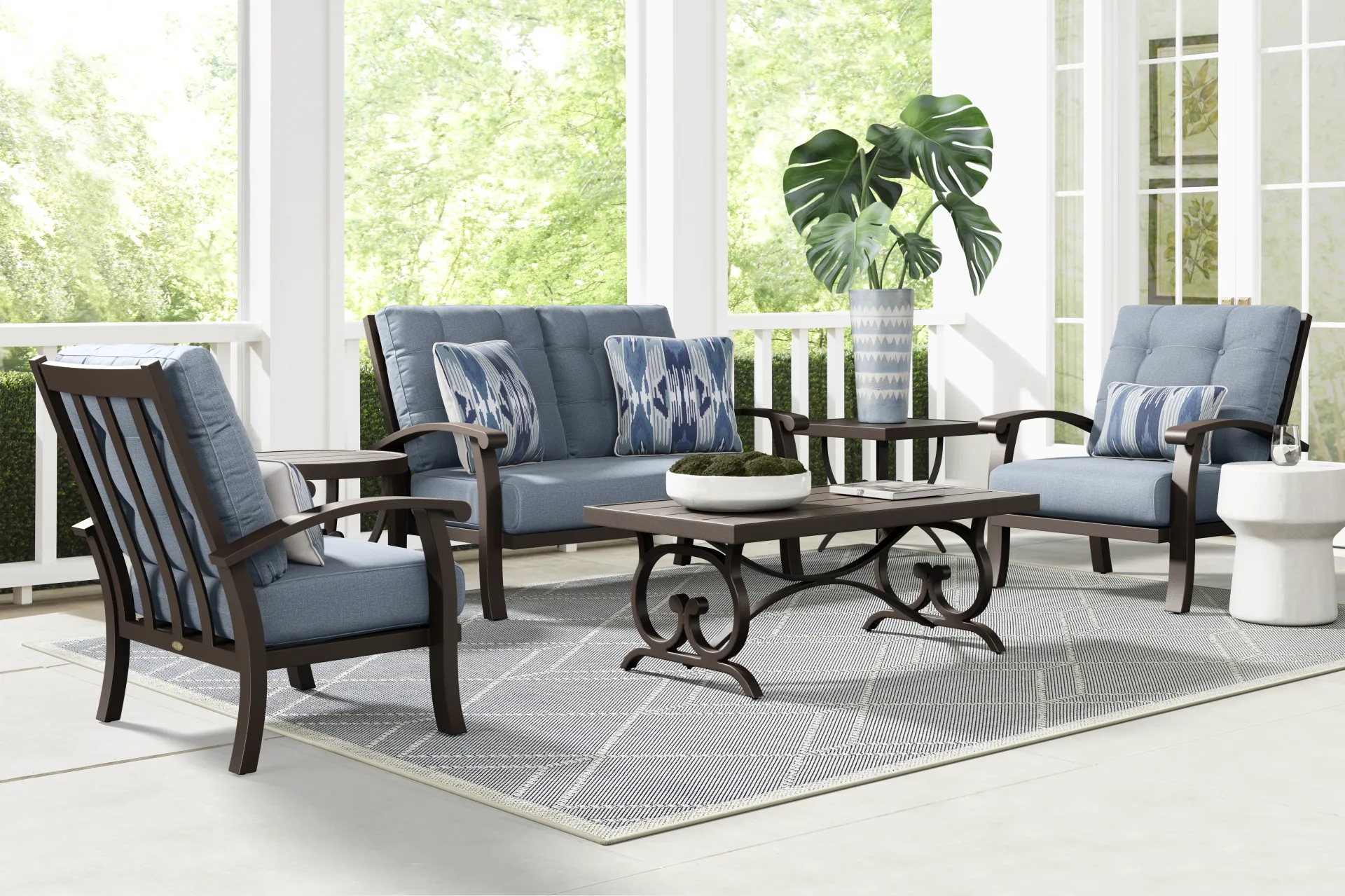 Lake Breeze Aged Bronze 4 Pc Outdoor Loveseat Seating Set with Blueberry Cushions - Image 1