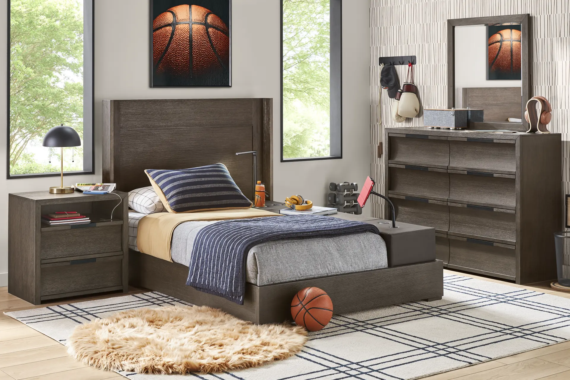 Kids Sierra Summit Brown Oak Twin Panel Bedroom with Tech Console