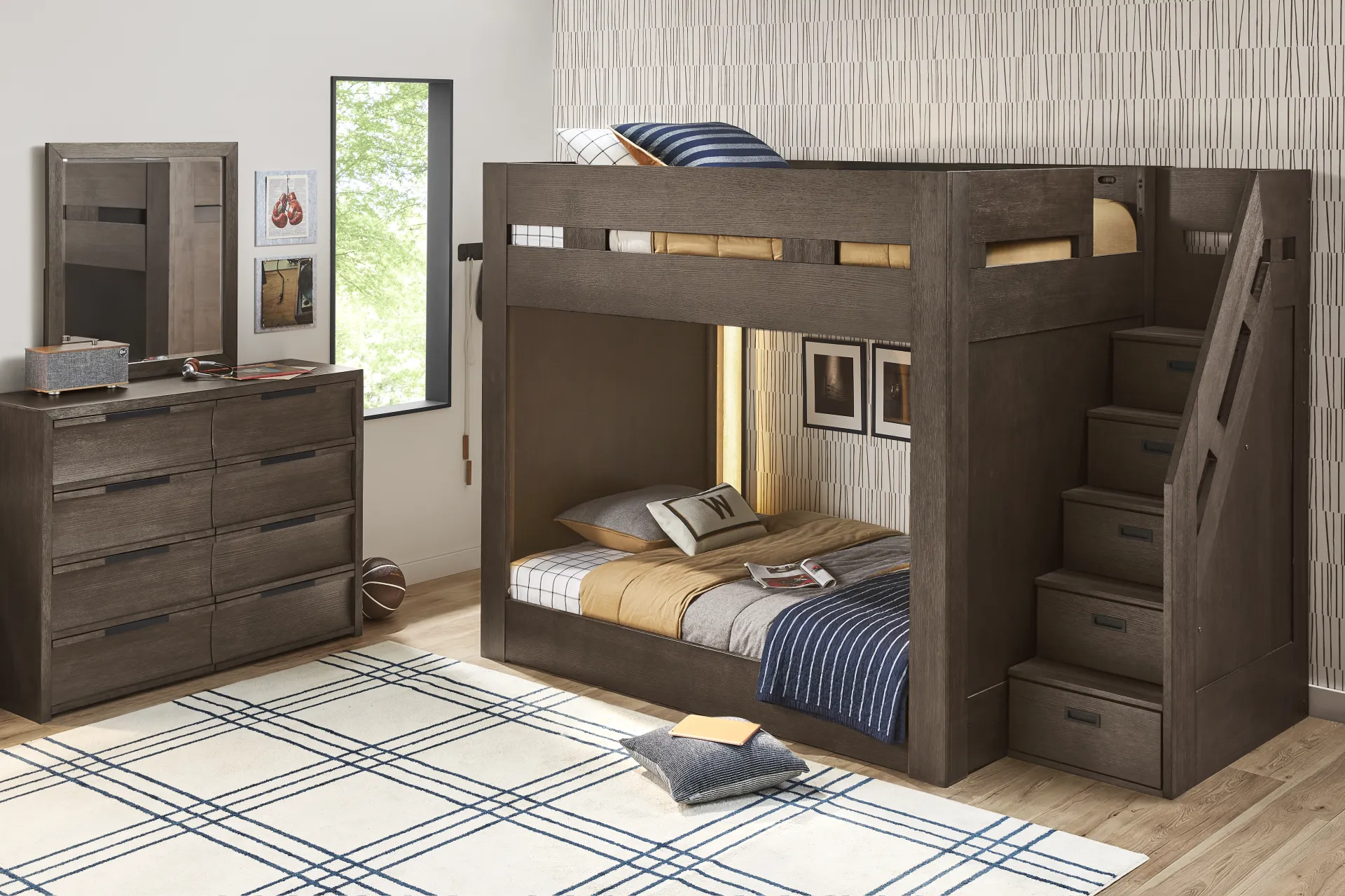 Kids Sierra Summit Brown Oak Full/Full Step Bunk Bed with 2 Closed End Panels - Image 1