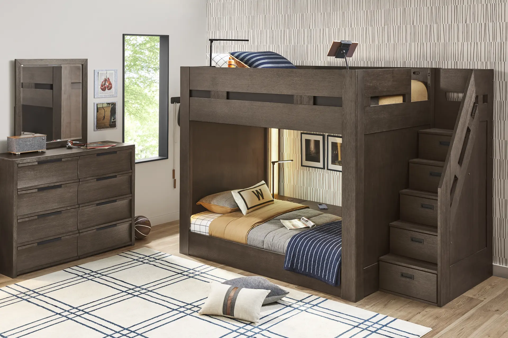 Kids Sierra Summit Brown Oak Twin/Twin Step Bunk Bed with 2 Tech Consoles and 2 Closed End Panels