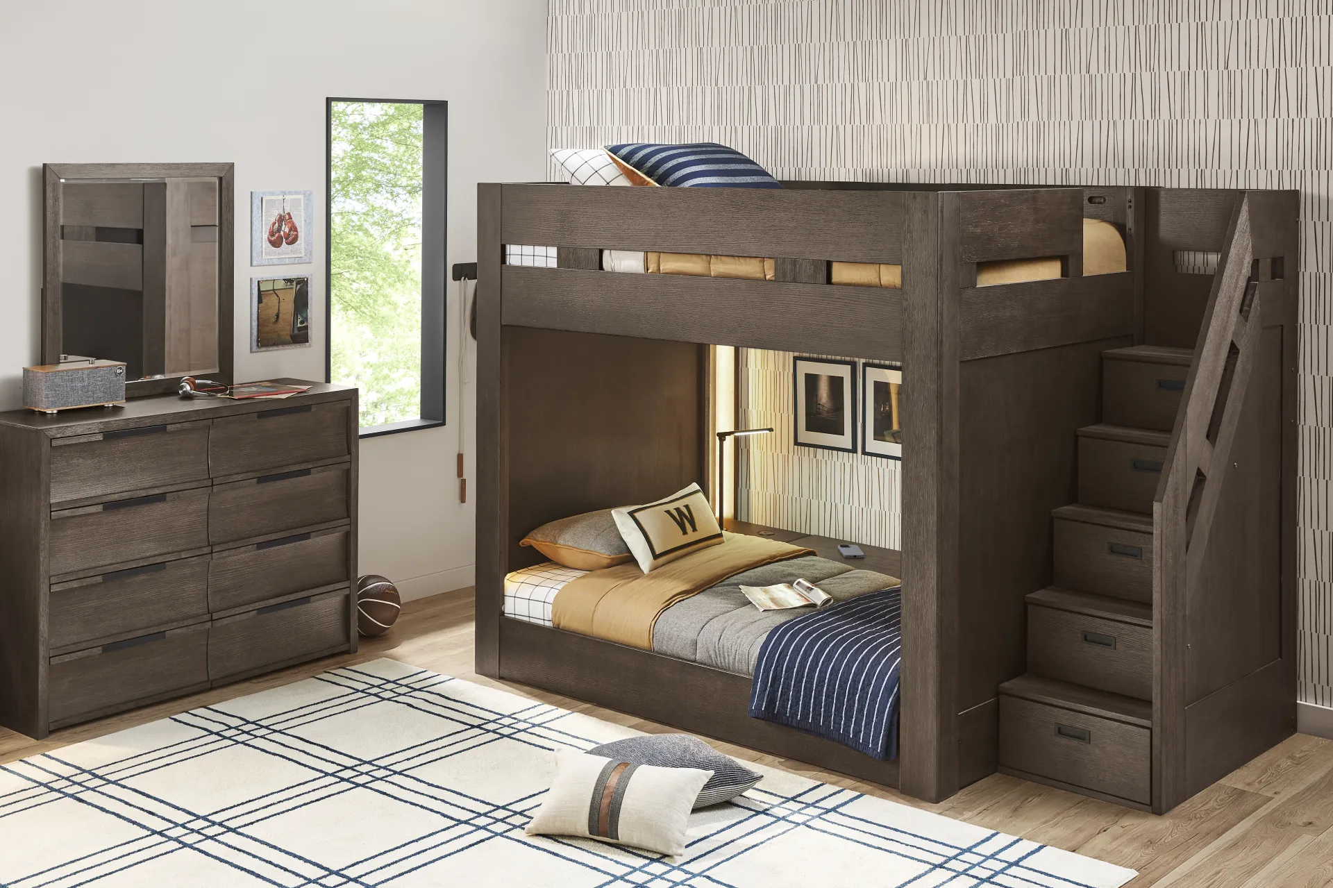 Kids Sierra Summit Brown Oak Twin/Full Step Bunk Bed with 1 Tech Console and 2 Closed End Panels - Image 1